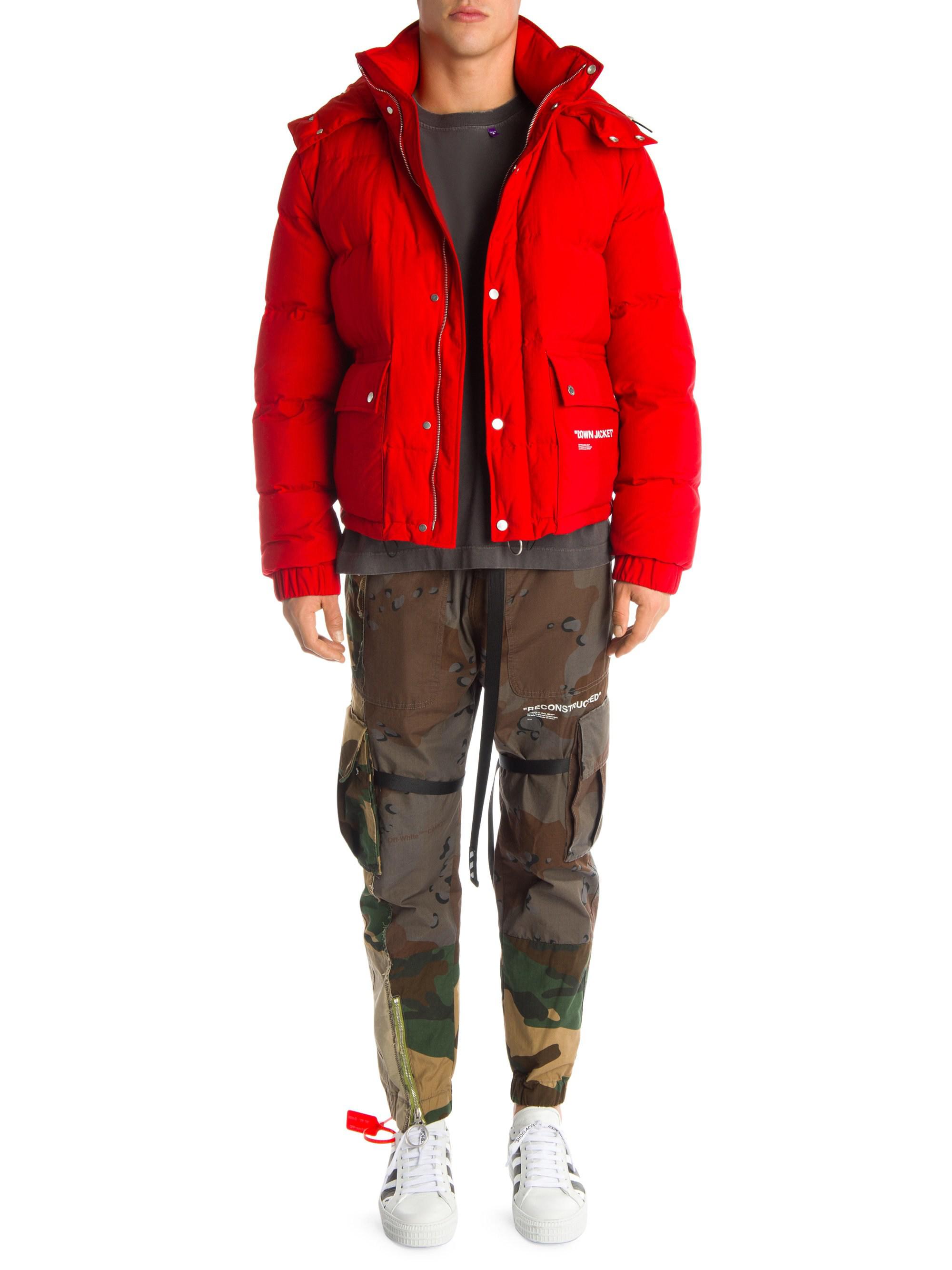 off white red down jacket