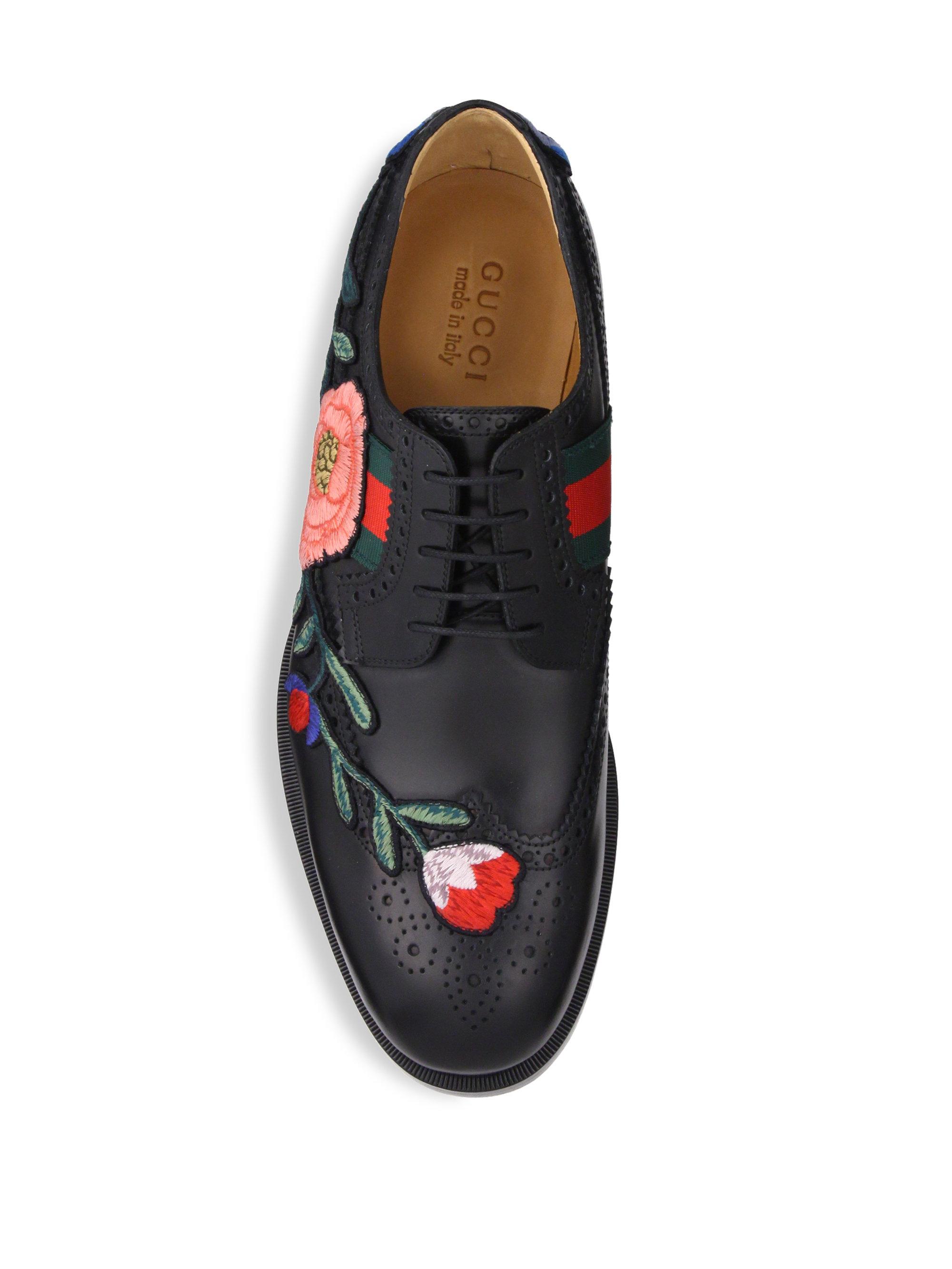 Gucci Embroidered Leather Brogue Shoes in Black for Men - Lyst