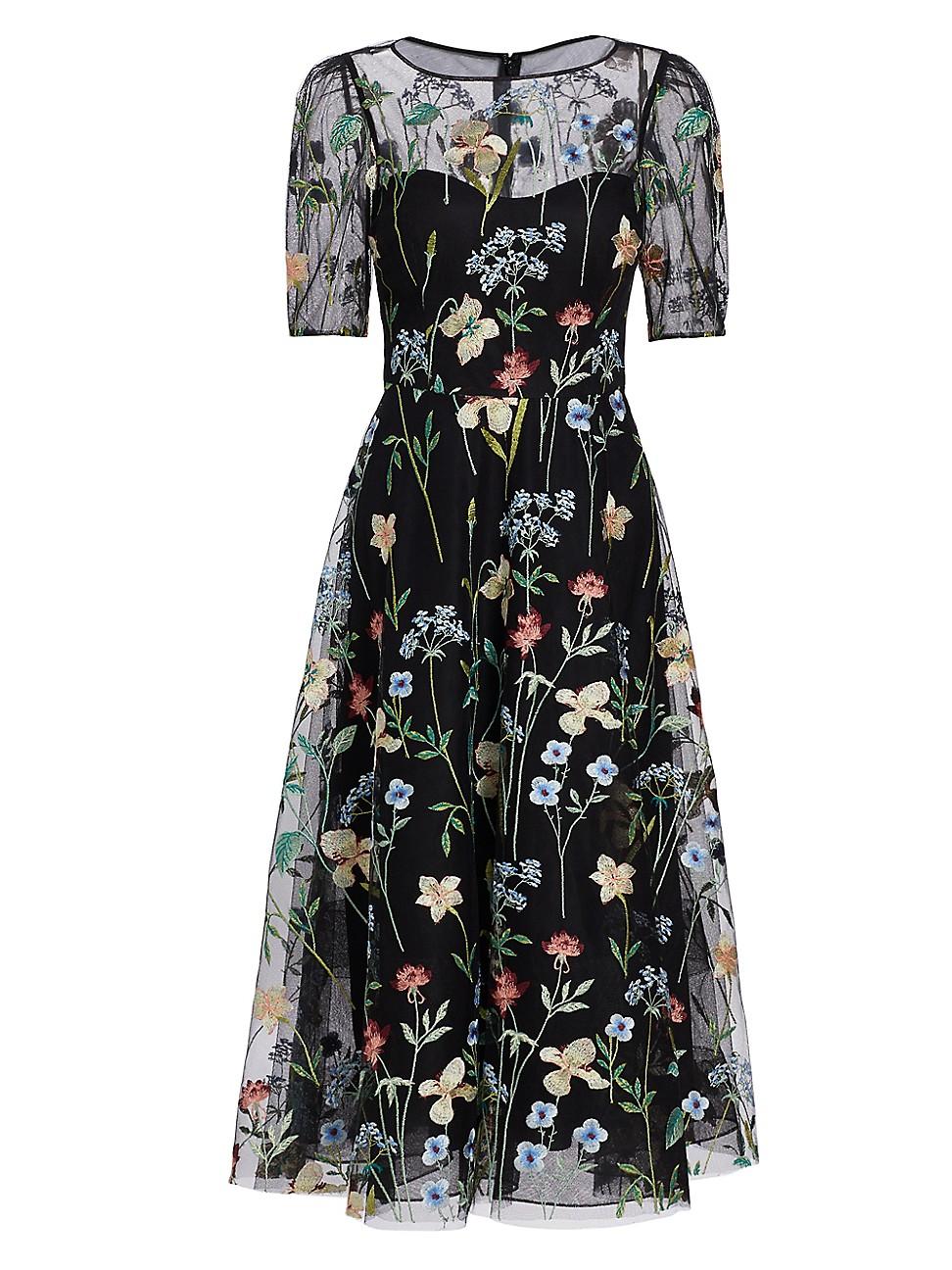 Teri Jon Floral-embroidered Illusion Midi-dress in Black | Lyst