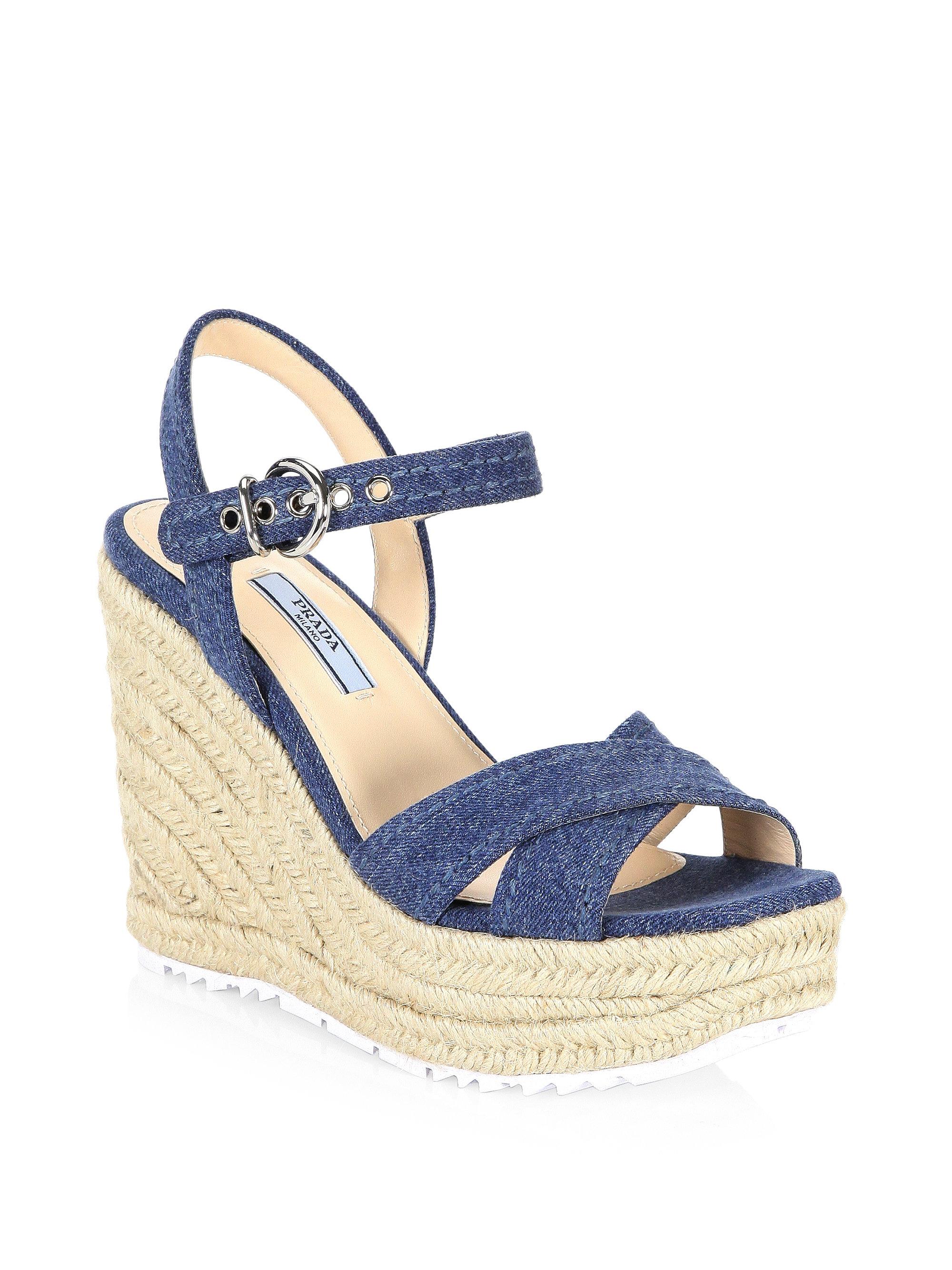 Prada Denim & Raffia Wedge Sandals in Blue - Lyst