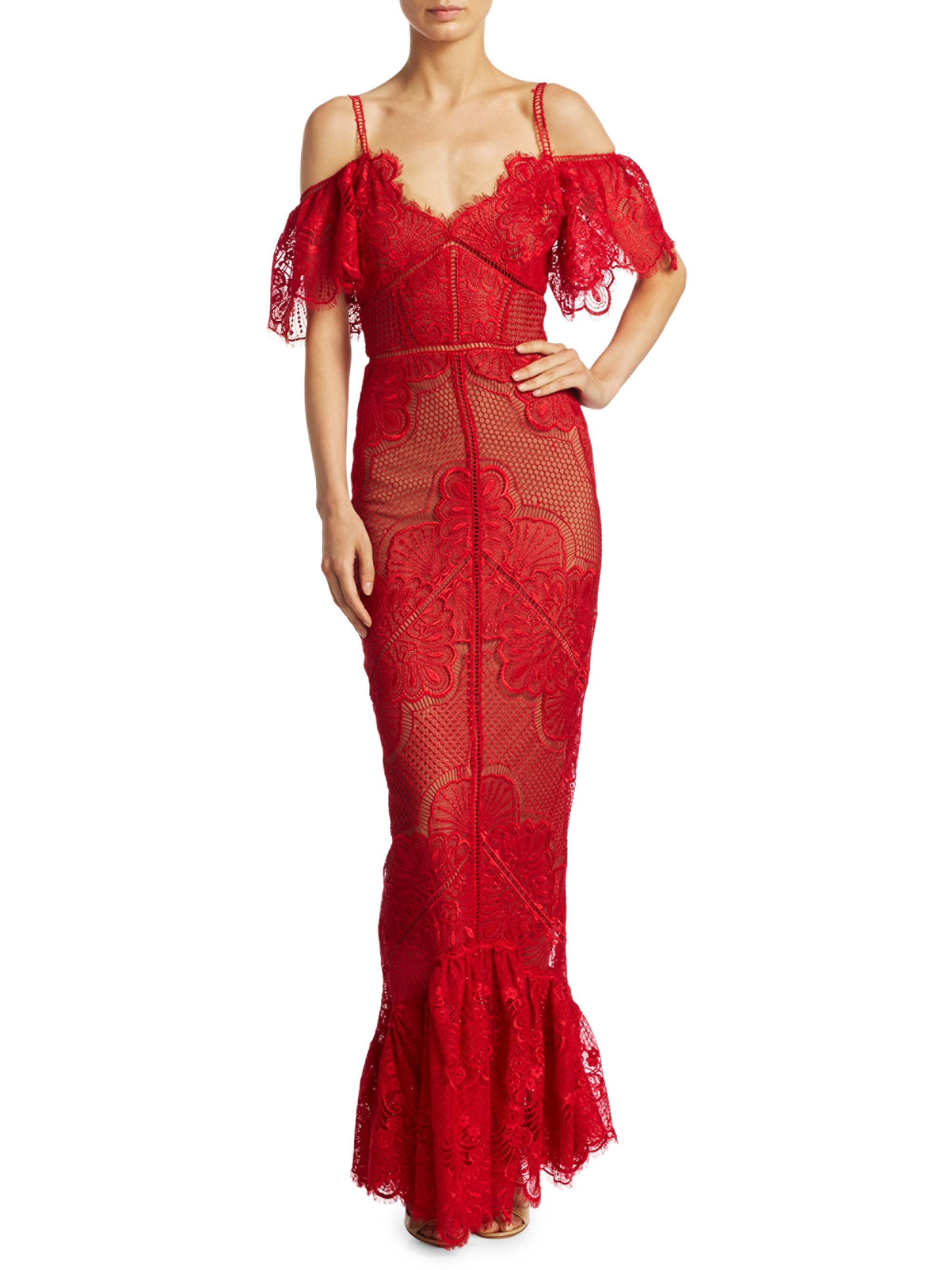 Cold-shoulder Fluted Lace Gown ...