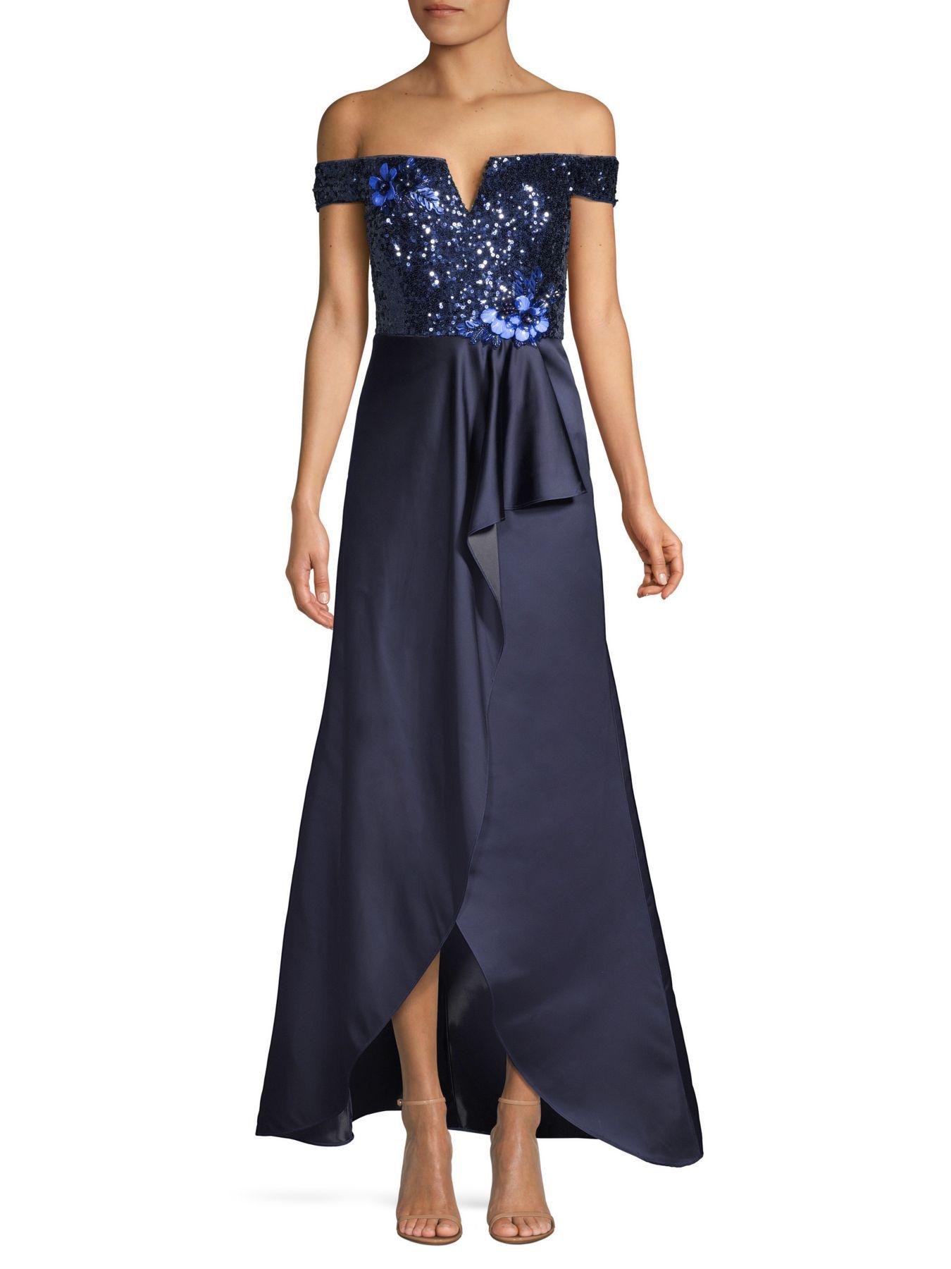 Aidan Mattox Embellished Sequin Off-the-shoulder Satin Dress in Navy (Blue) - Lyst