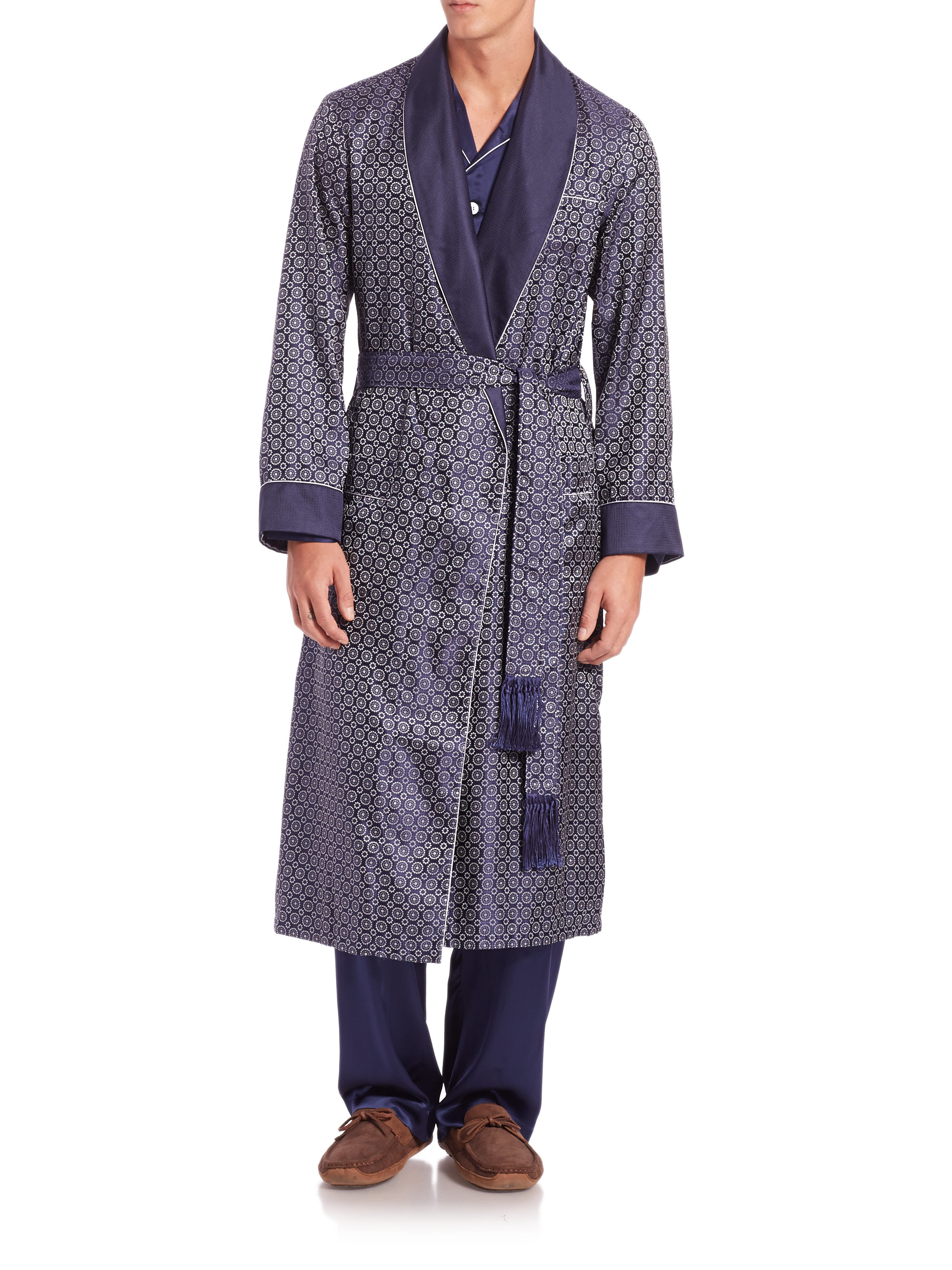 Derek Rose Verona Printed Silk Robe in Navy (Blue) for Men Lyst