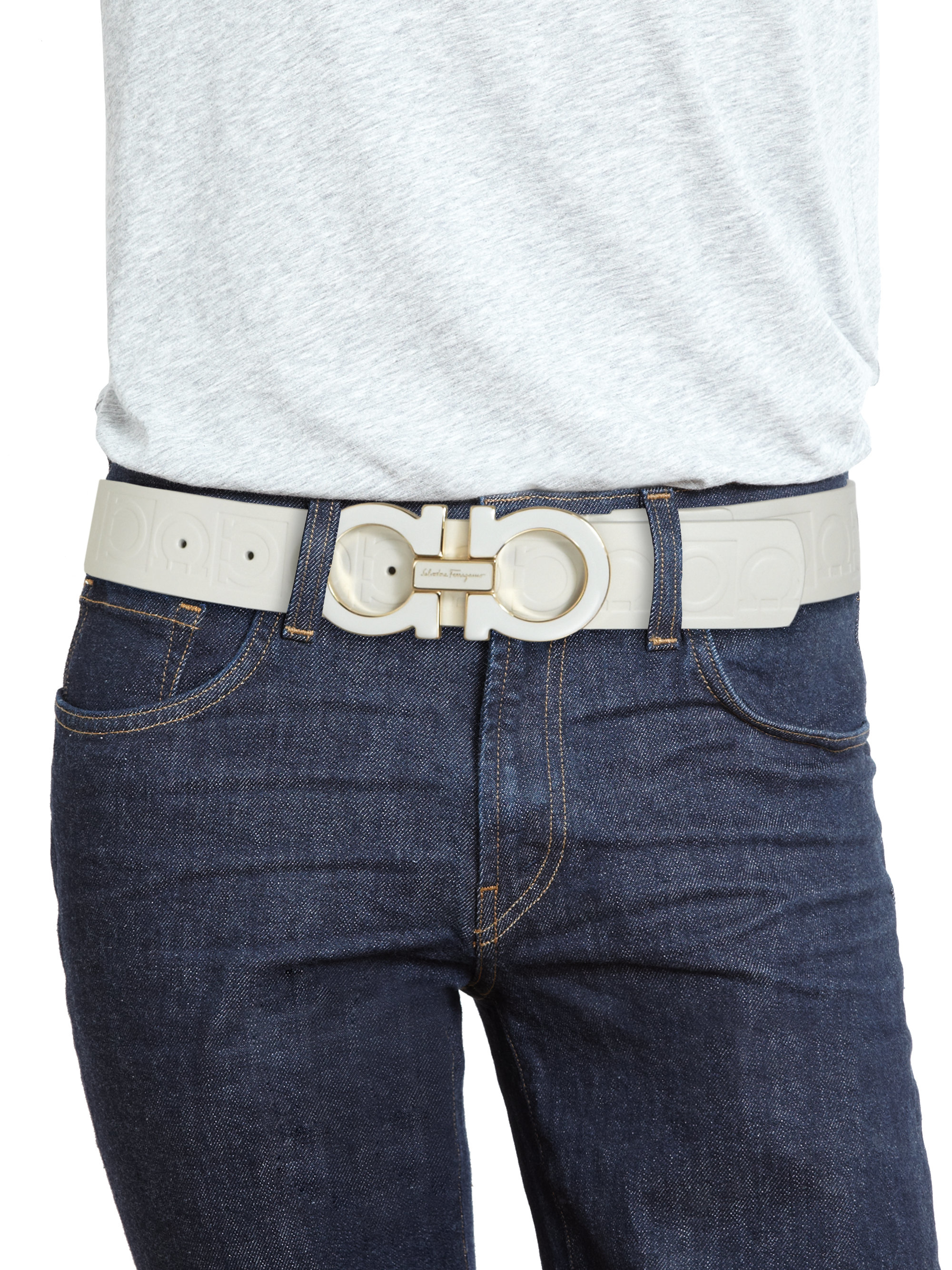 Ferragamo Gancini Leather Belt in White for Men