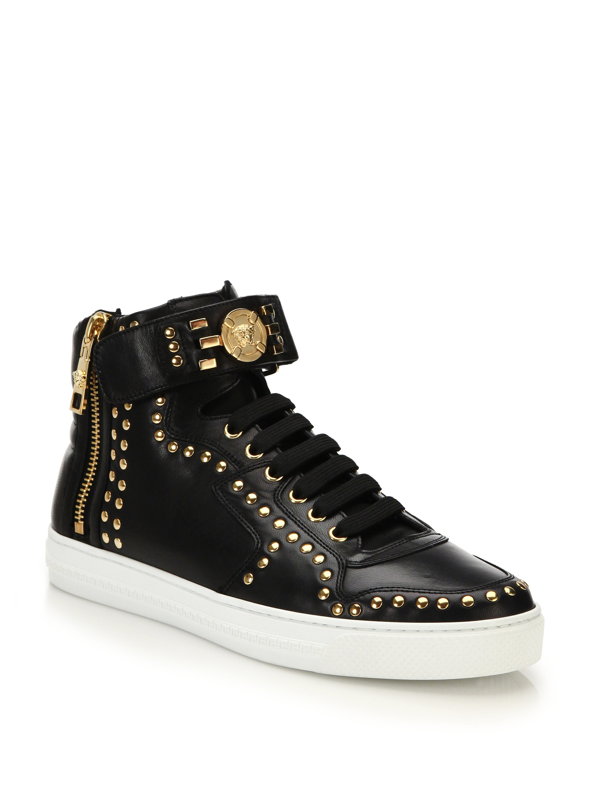 Versace Leather Studded Logo High-top Sneakers in Nero (Black) for Men - Lyst