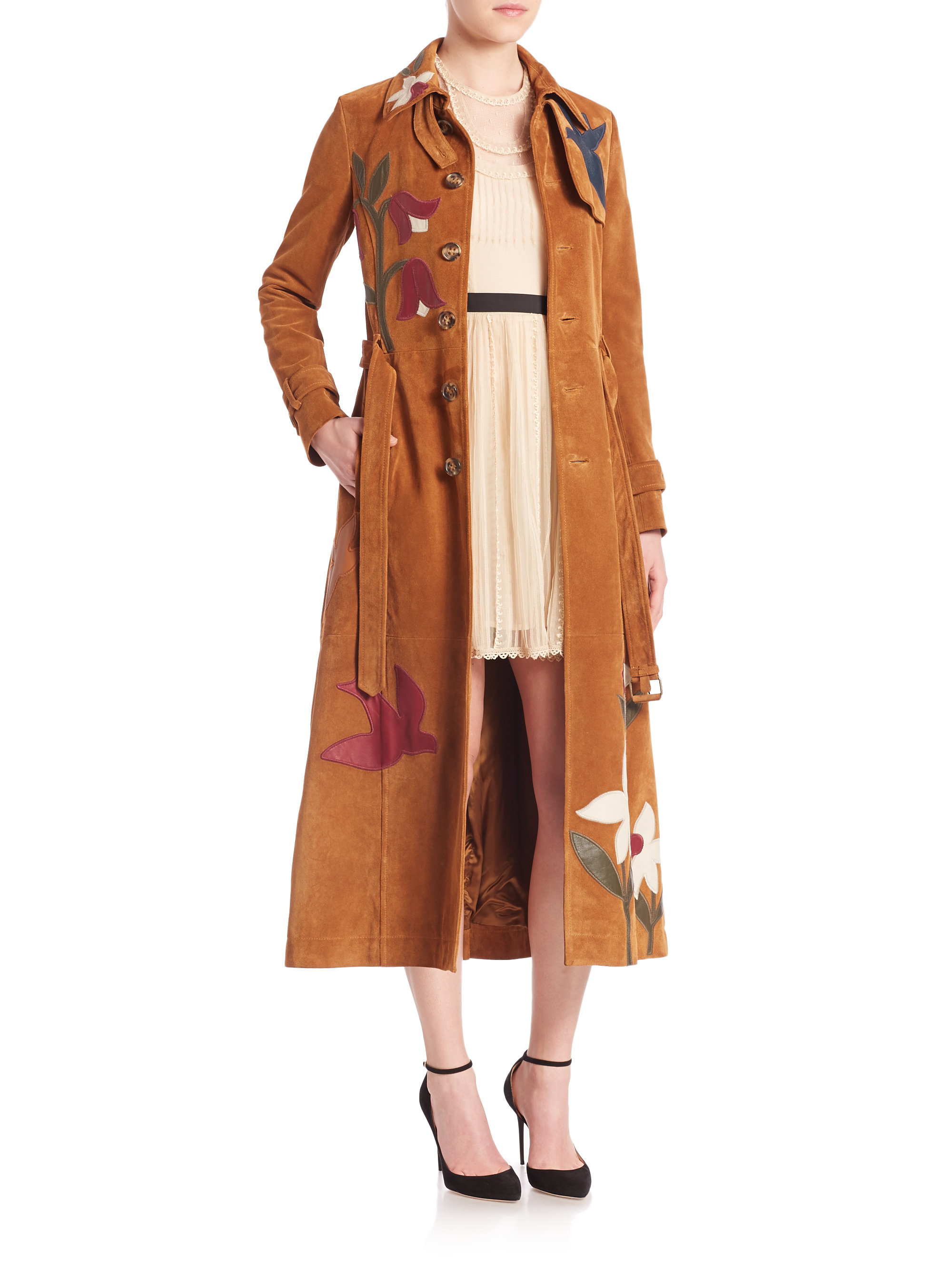 RED Valentino Suede Trench Coat With Leather Patchwork in Brown Lyst