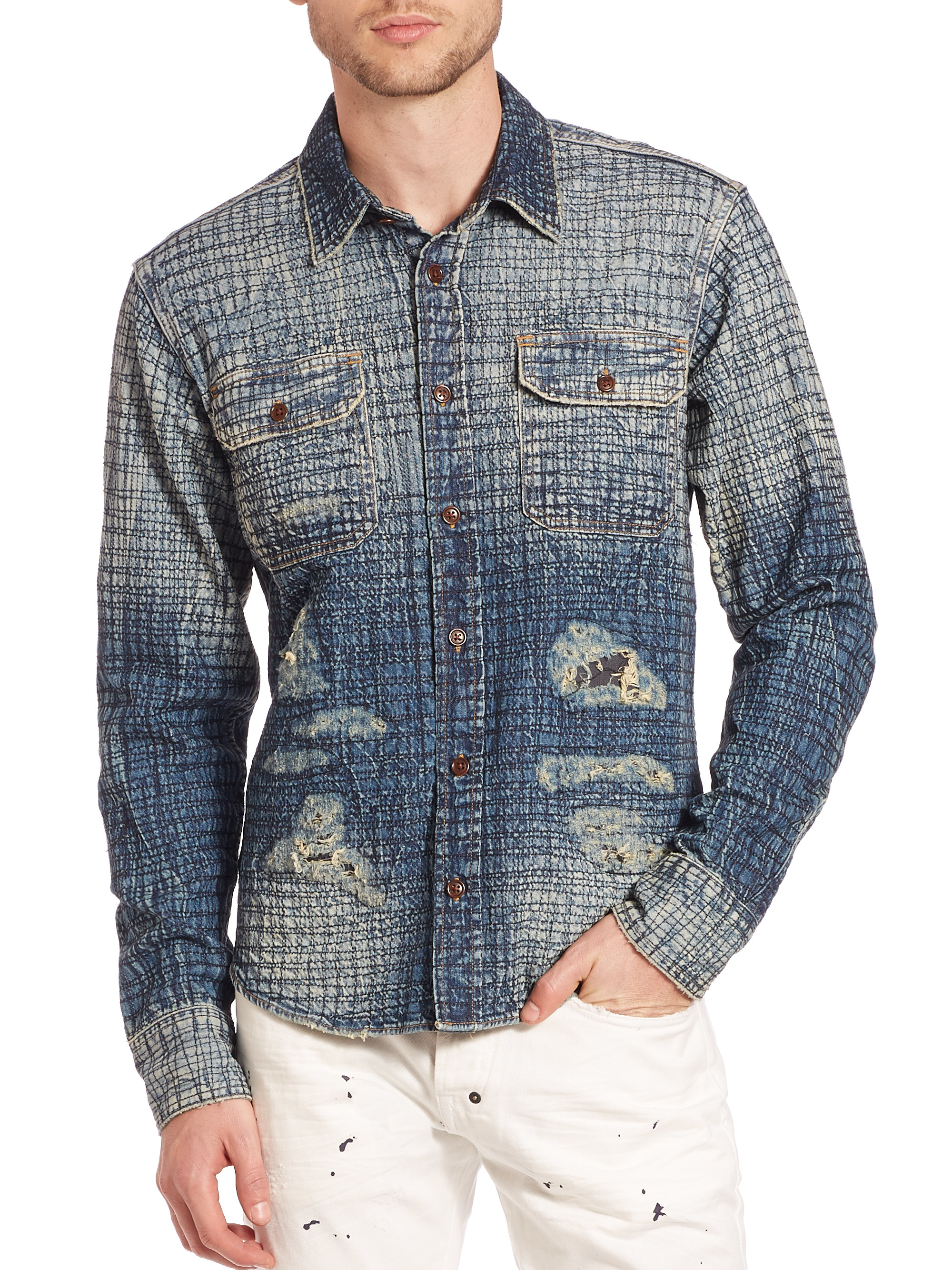 Lyst PRPS Distressed Denim Shirt in Blue for Men