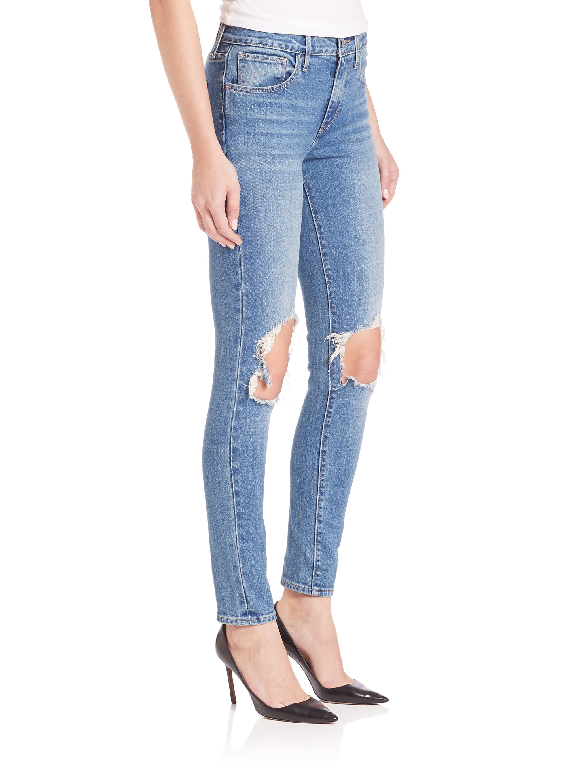 Levi's 721 High Rise Ripped Skinny Jeans in Blue | Lyst