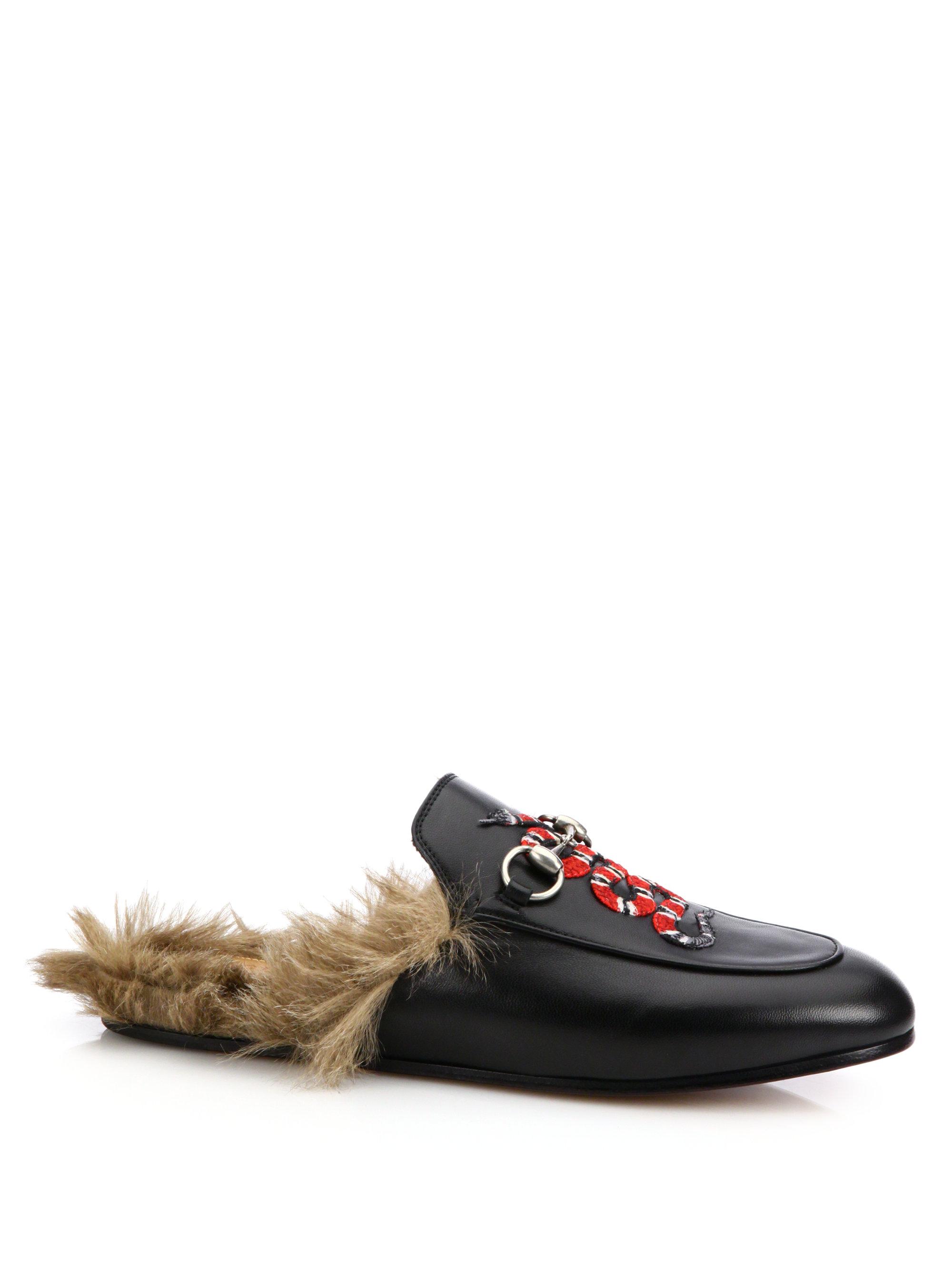 Imitatie Margaret Mitchell Industrialiseren Gucci Princetown Fur-lined Snake Leather Slippers in Black | Lyst
