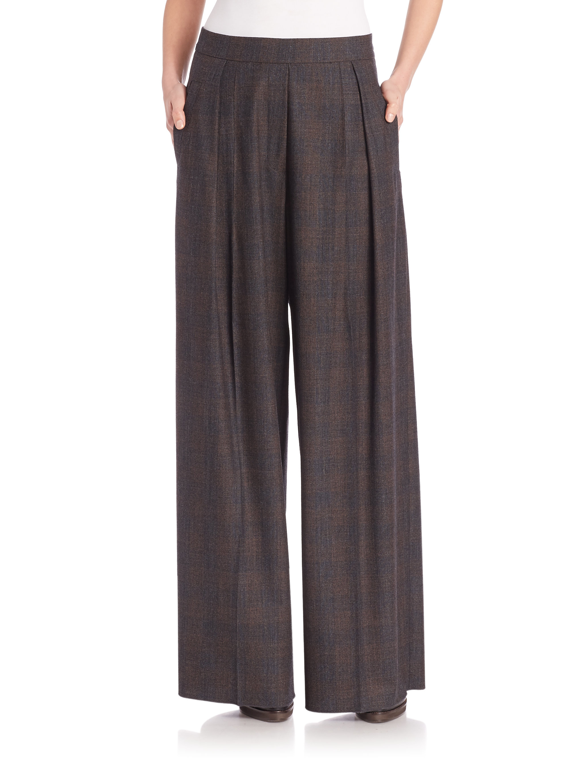 Lyst - Brunello cucinelli Wool Plaid Palazzo Pants in Gray