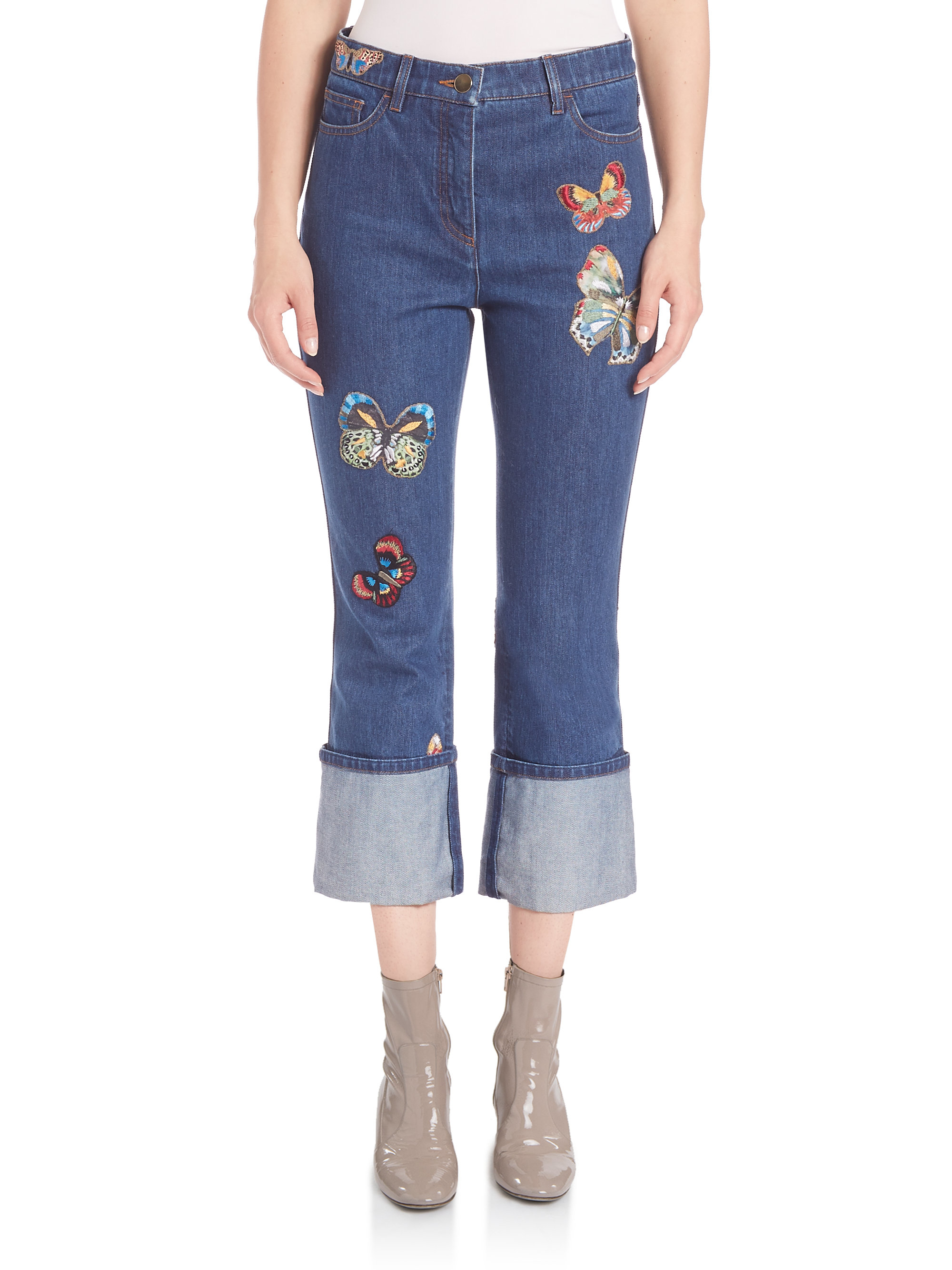 Valentino Butterfly Appliques Cropped Jeans in Blue Lyst