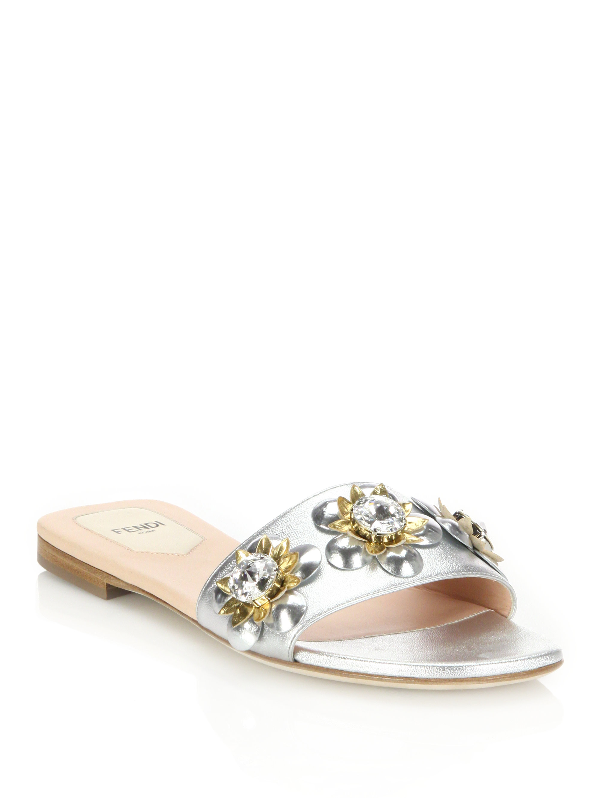 Fendi Flowerland Jeweled Metallic Leather Slides in White | Lyst