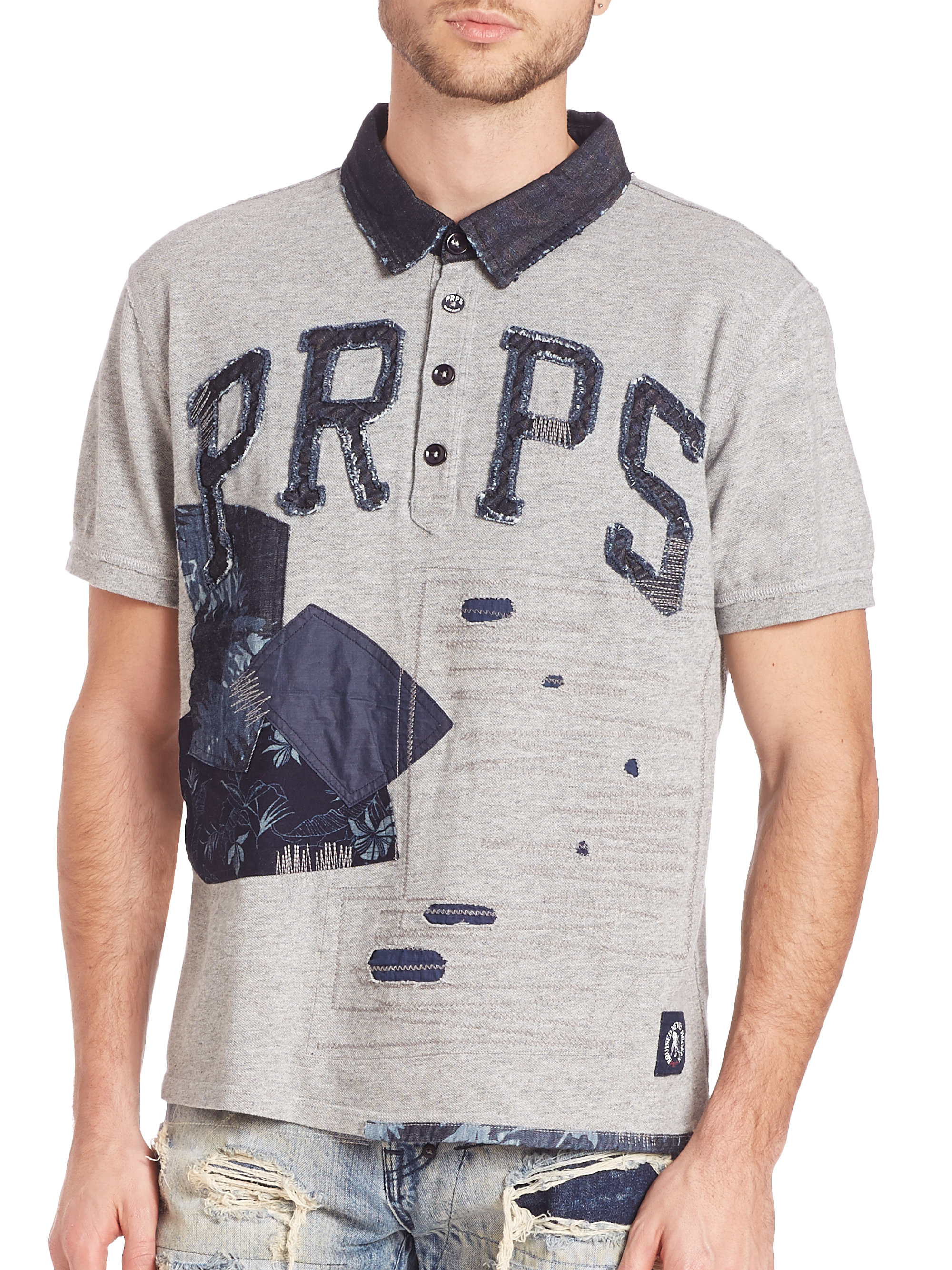 Prps Jabo Denim Patched Polo Shirt in Gray for Men | Lyst
