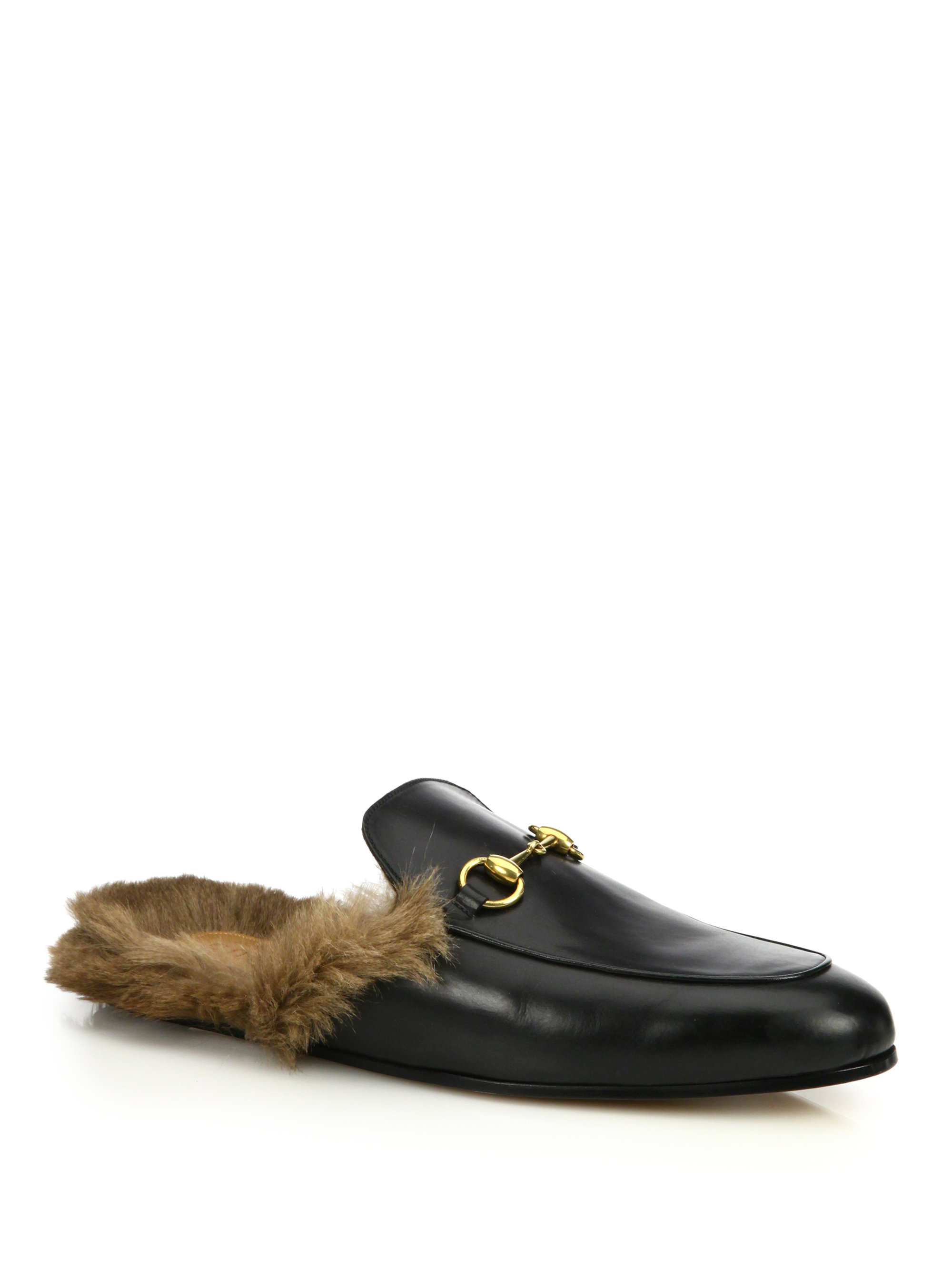 Gucci Princetown Leather & Fur Loafer Slides in Black | Lyst