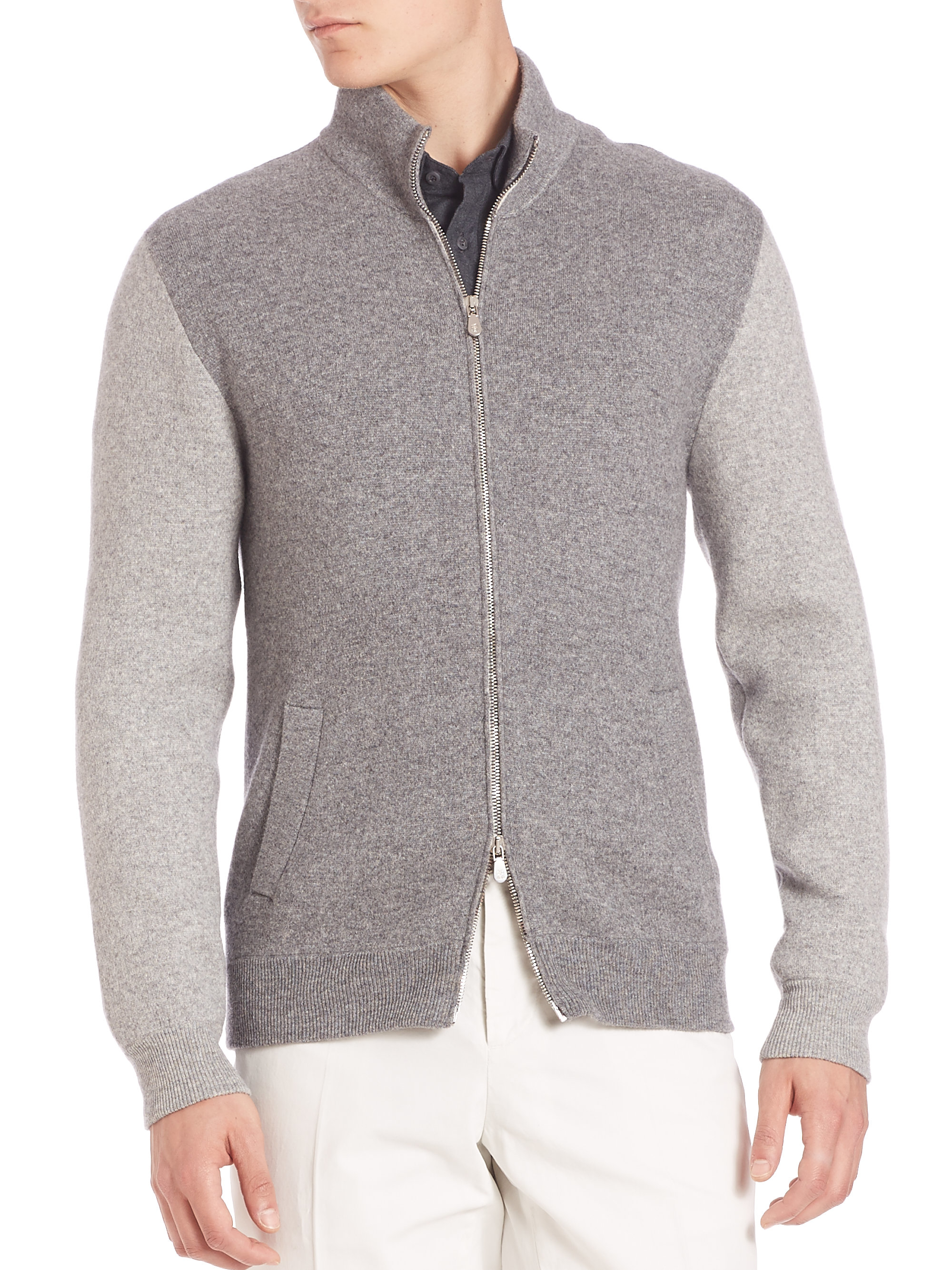 Brunello Cucinelli Zip-front Baseball Sweater in Gray for Men - Lyst