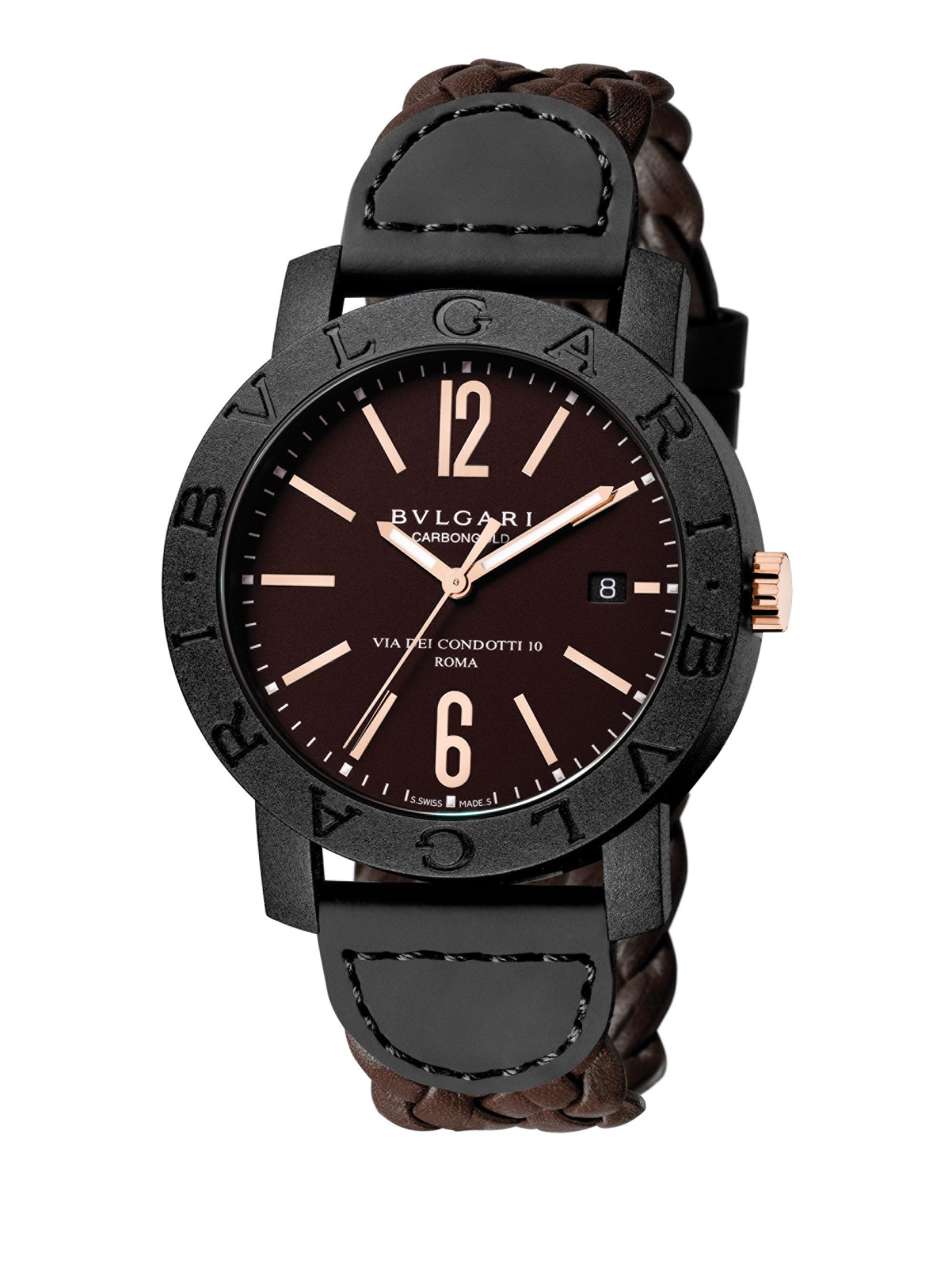 BVLGARI Carbon Gold & Leather Strap Watch in Black for Men Lyst