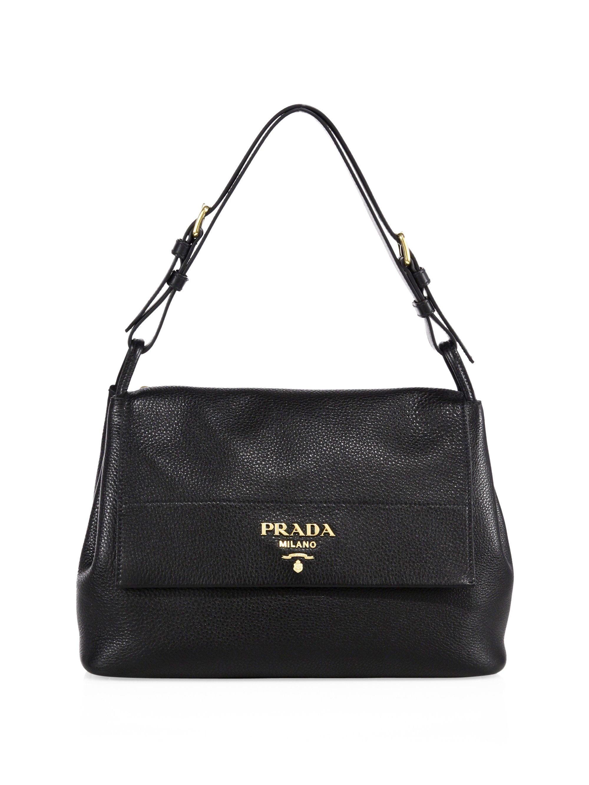 Prada Daino Leather Flap Shoulder Bag in Black | Lyst