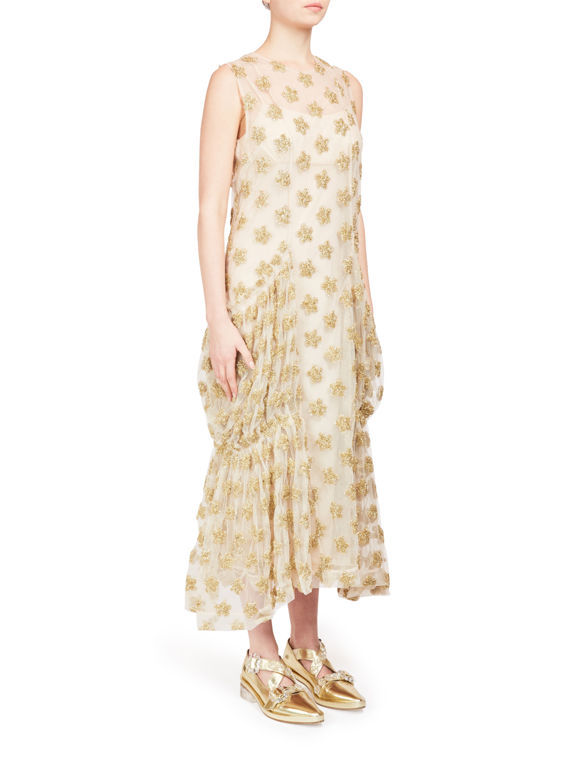Simone Rocha Lace Floral Tinsel Maxi Dress in Gold/Nude (Metallic) - Lyst
