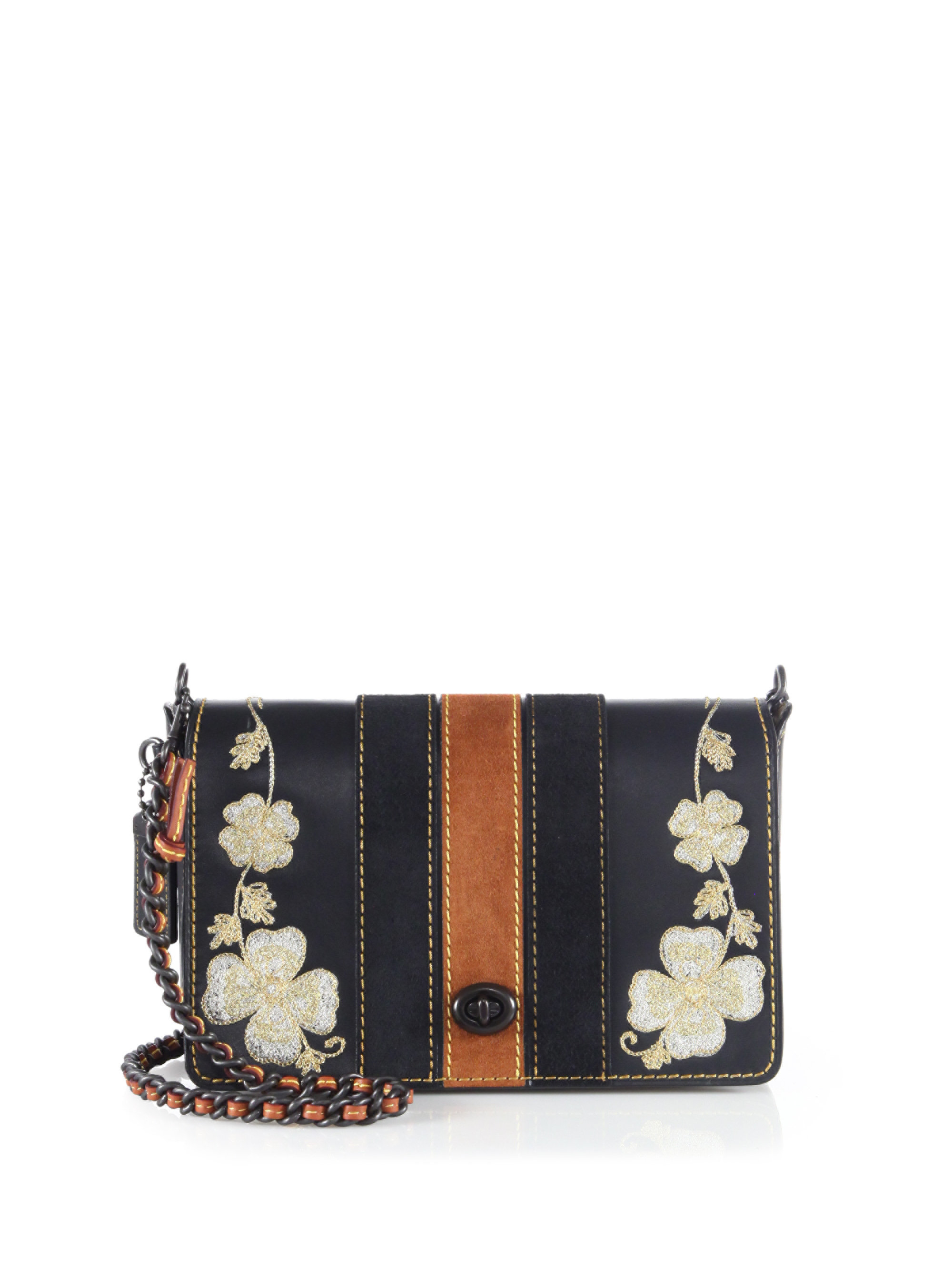 COACH Dinky 24 Embroidered Leather Chain Crossbody Bag in BlackTan