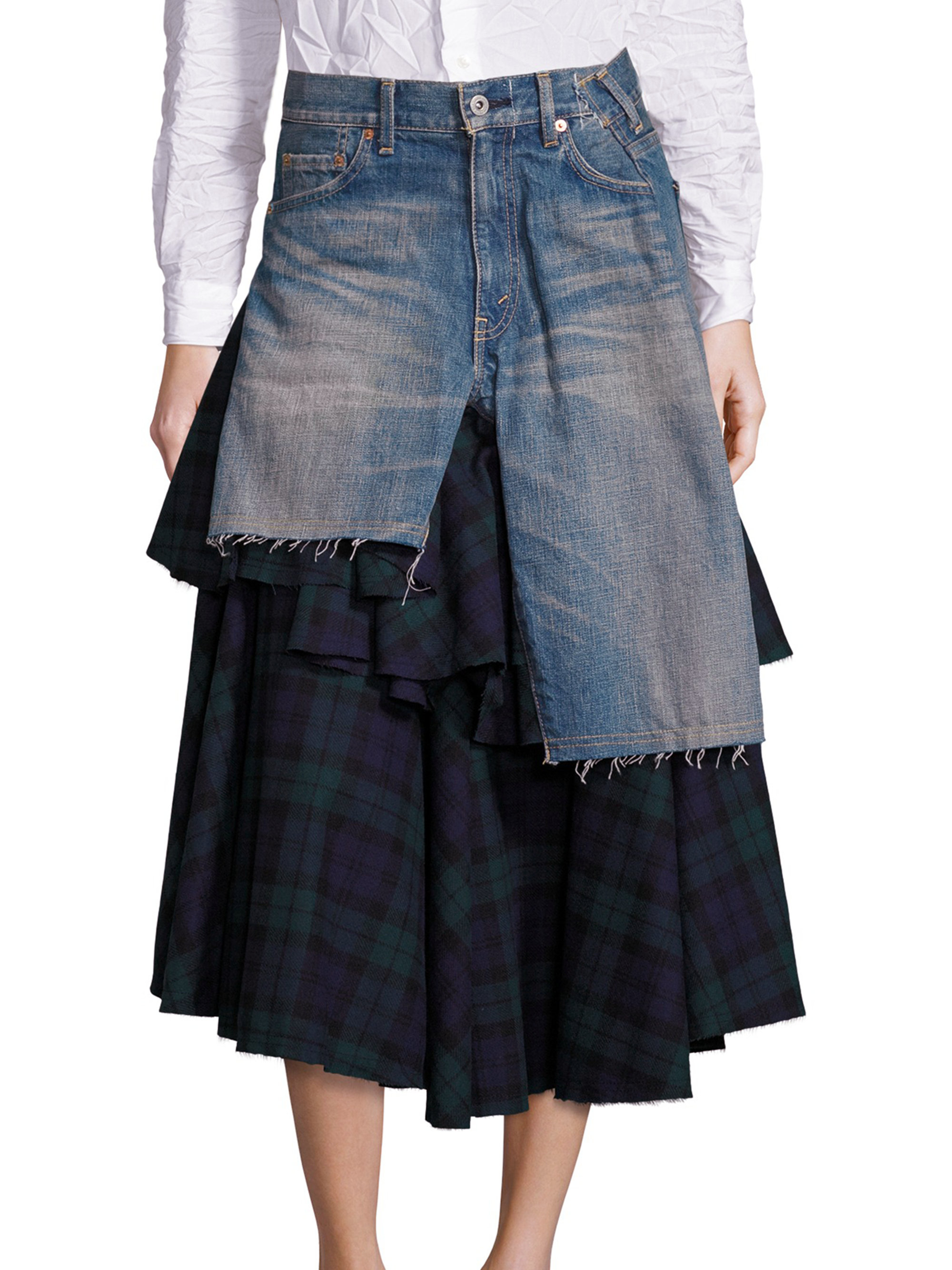 Junya Watanabe Ruffled Plaid & Denim Skirt in Indigo Navy (Blue) - Lyst