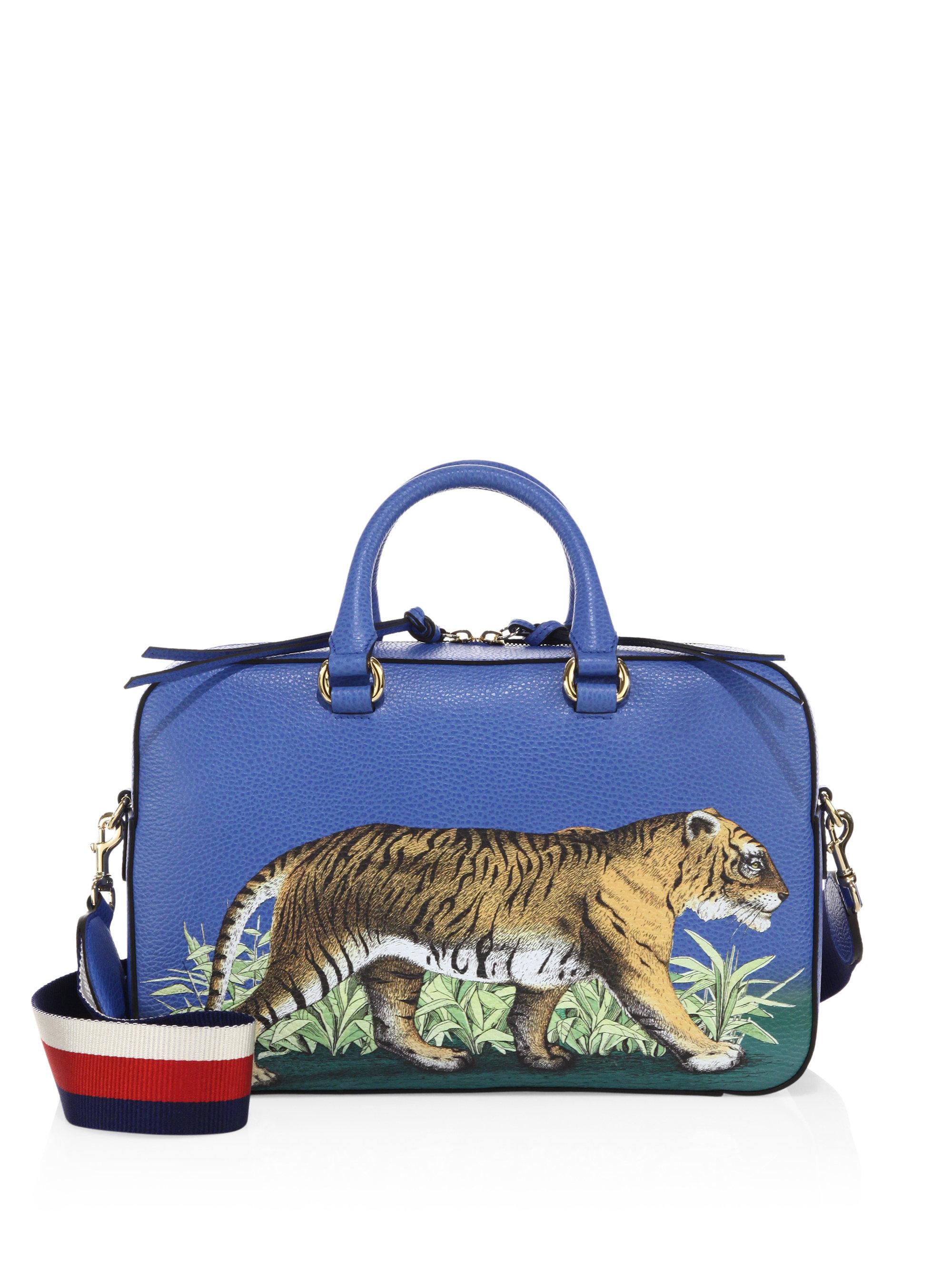 Gucci Navy Blue & Red Print Suede Web Stripe Tiger Tote Chain Strap Bag