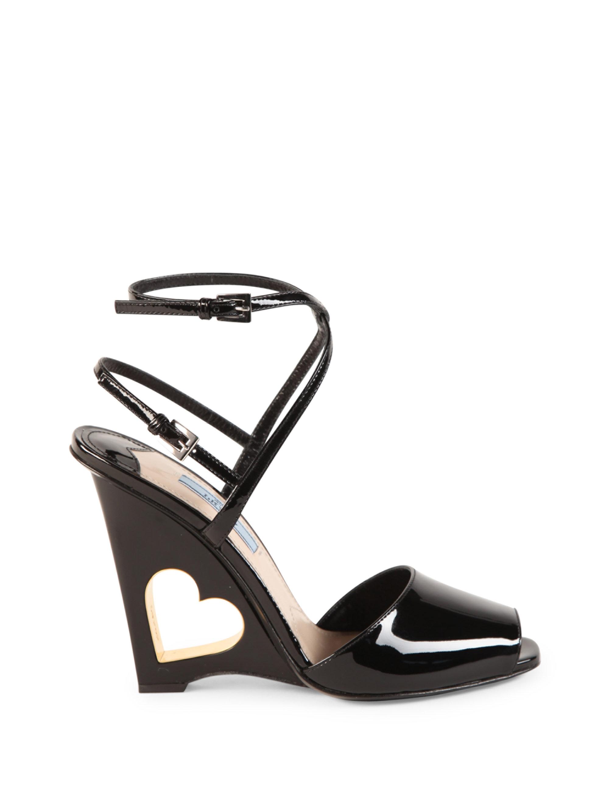 Prada Patent Leather Cutout Heart Wedge Sandals in Black | Lyst