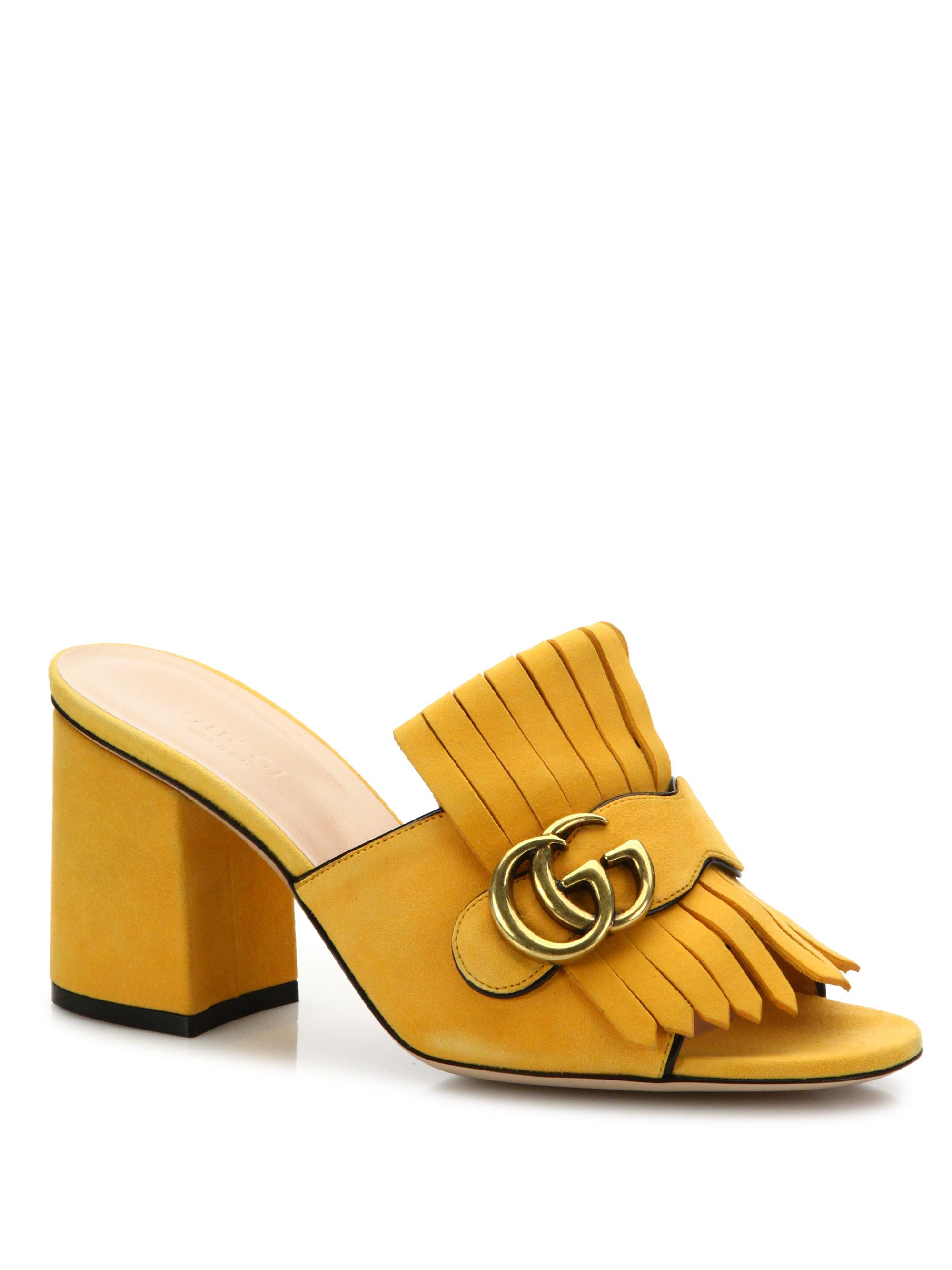 Gucci Marmont Kiltie Suede Block Heel Mules in Yellow | Lyst