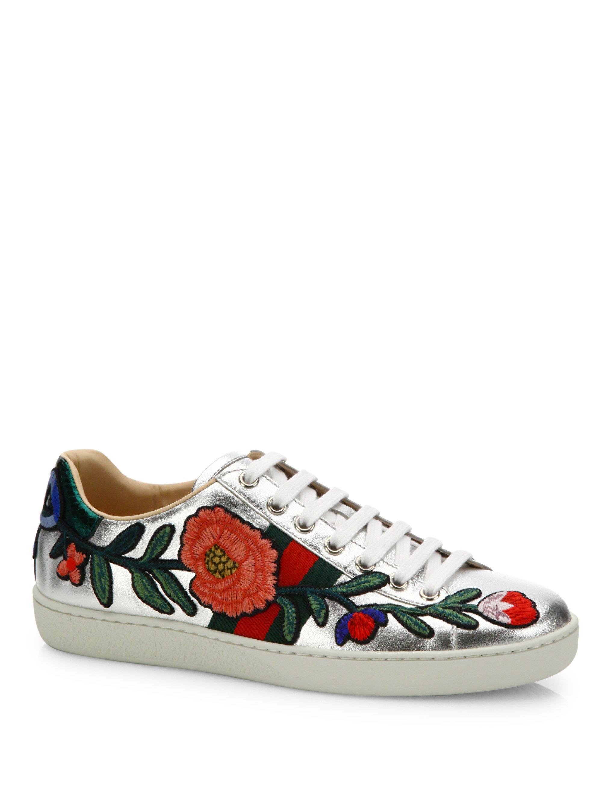 Gucci New Ace Floral-embroidered Metallic Leather Sneakers in Metallic