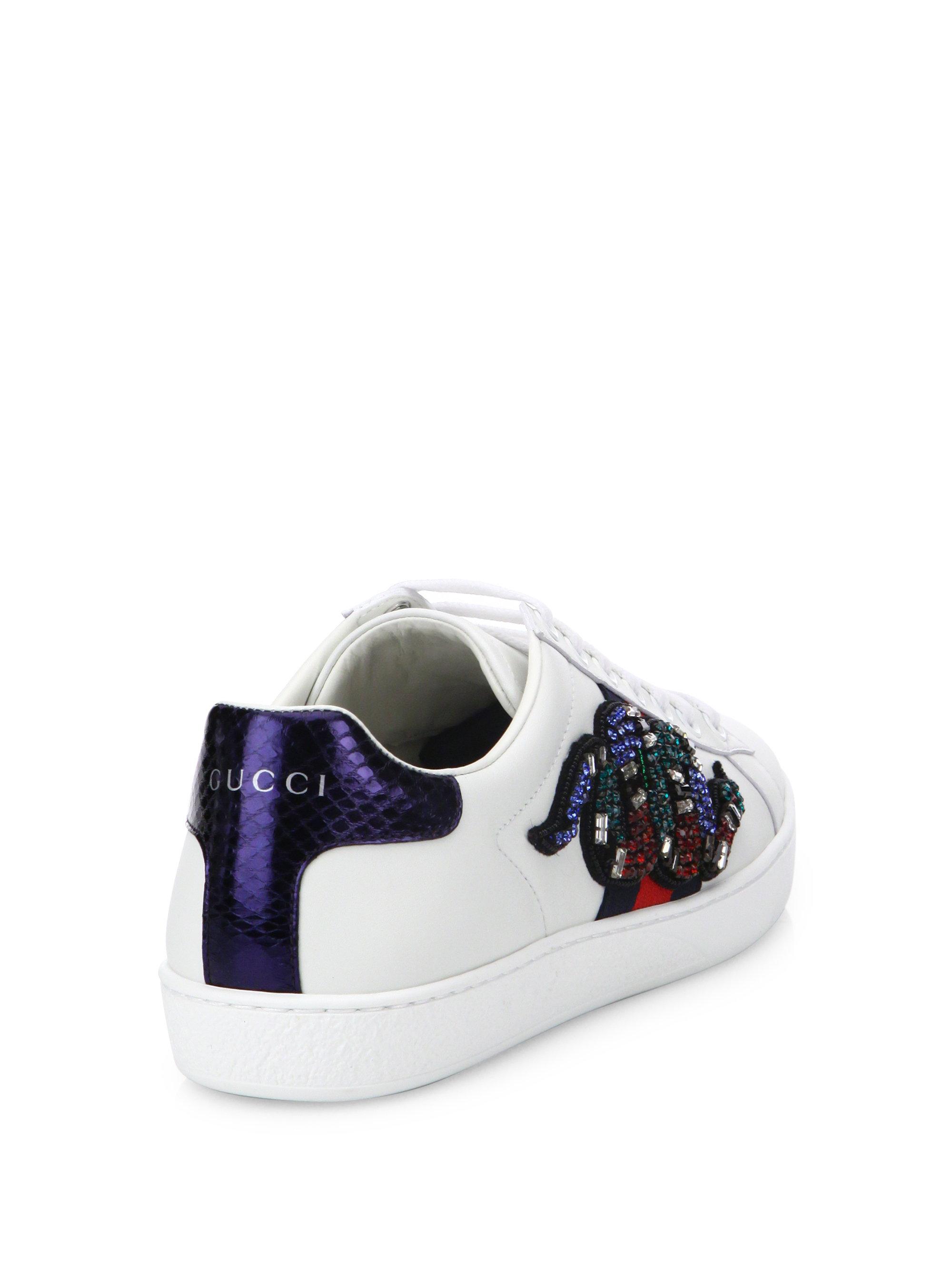 Ik heb een Engelse les Melodieus Ondeugd Gucci New Ace Crystal-embroidered Snake Leather Low-top Sneakers | Lyst