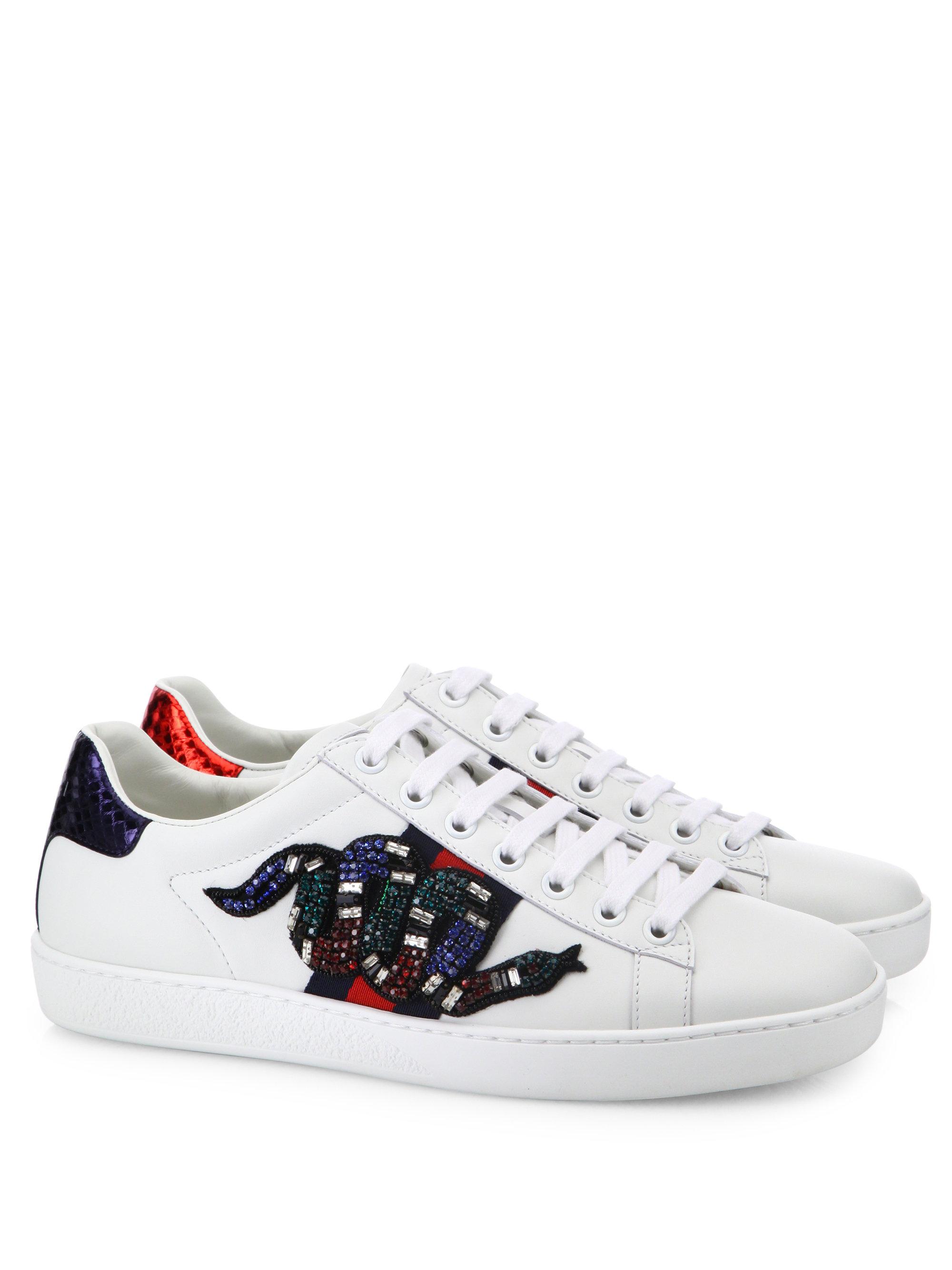 Gucci Ace Crystal-embroidered Snake Leather Low-top Sneakers Lyst