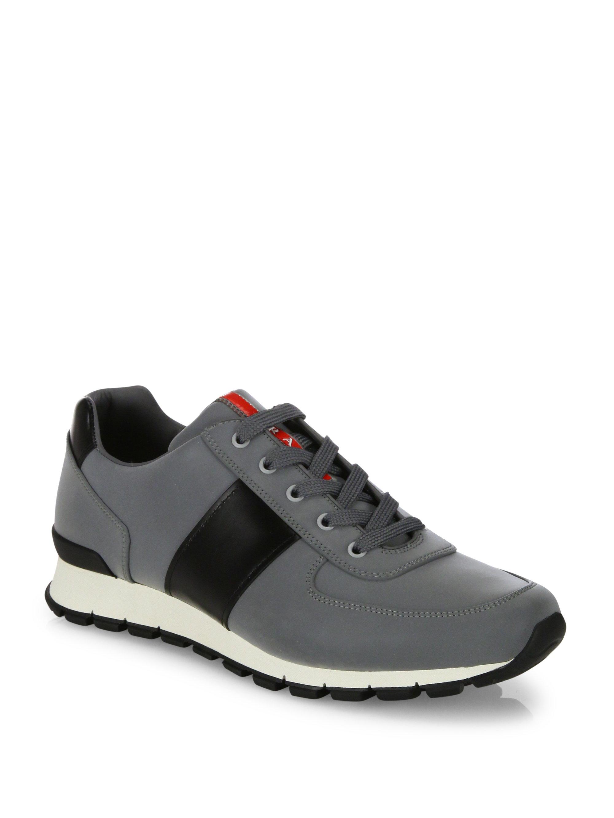 Prada Reflective Leather & Nylon Running Sneakers in Black for Men | Lyst