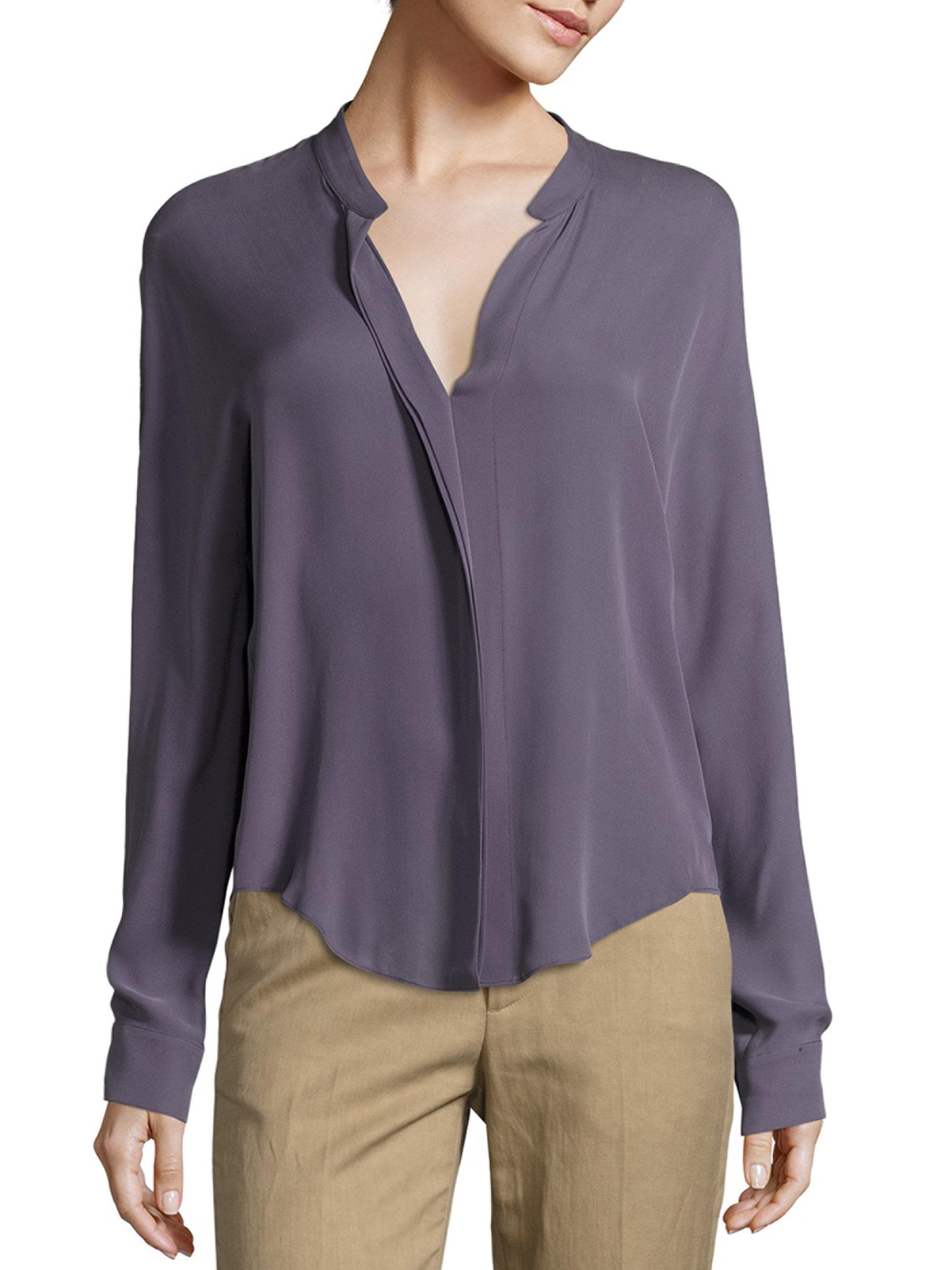 Vince Long Sleeve Double Front Silk Blouse in Purple | Lyst