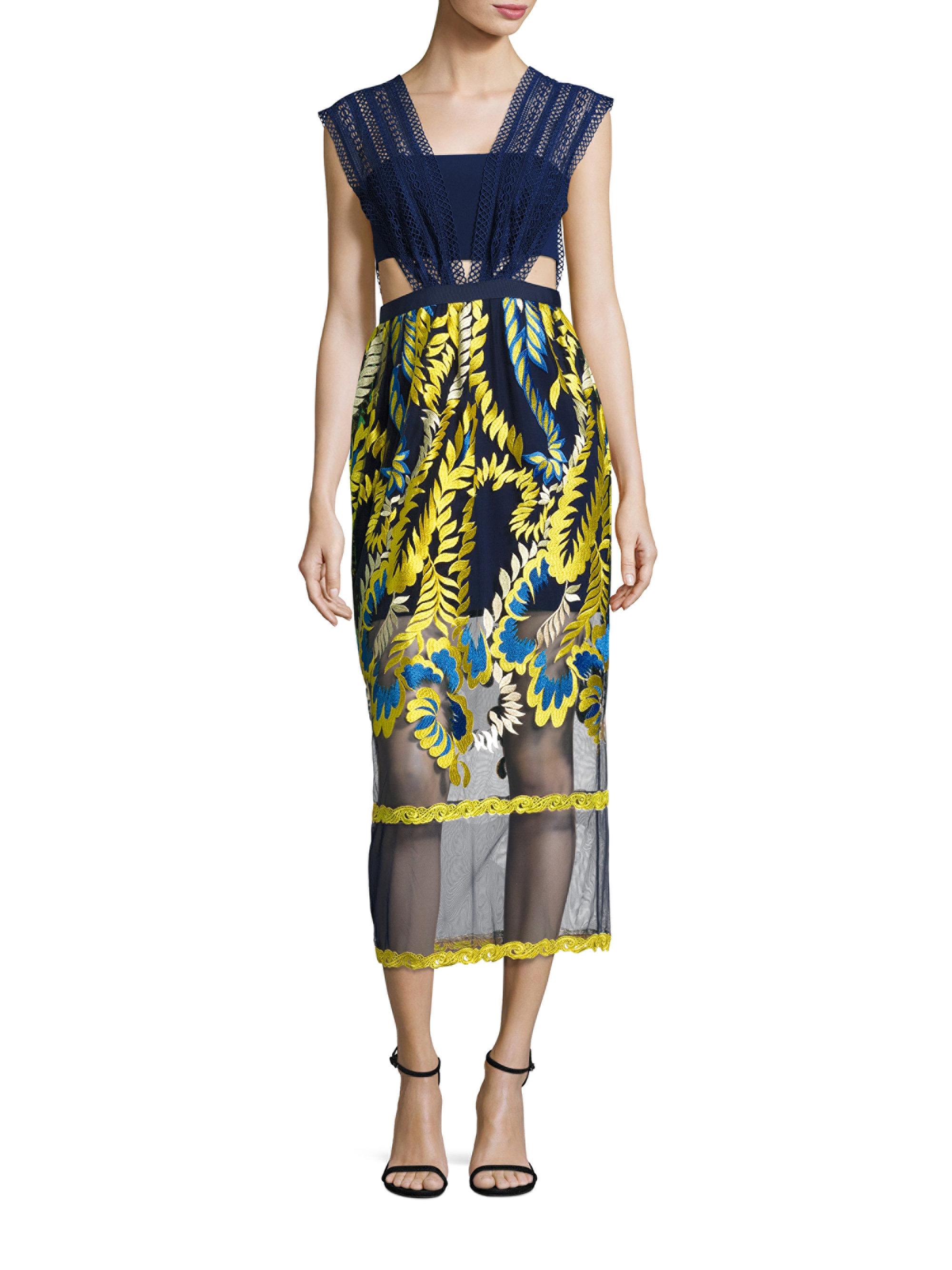 Lyst Three Floor Golden Globe Embroidered Midi Dress In Yellow Gallery