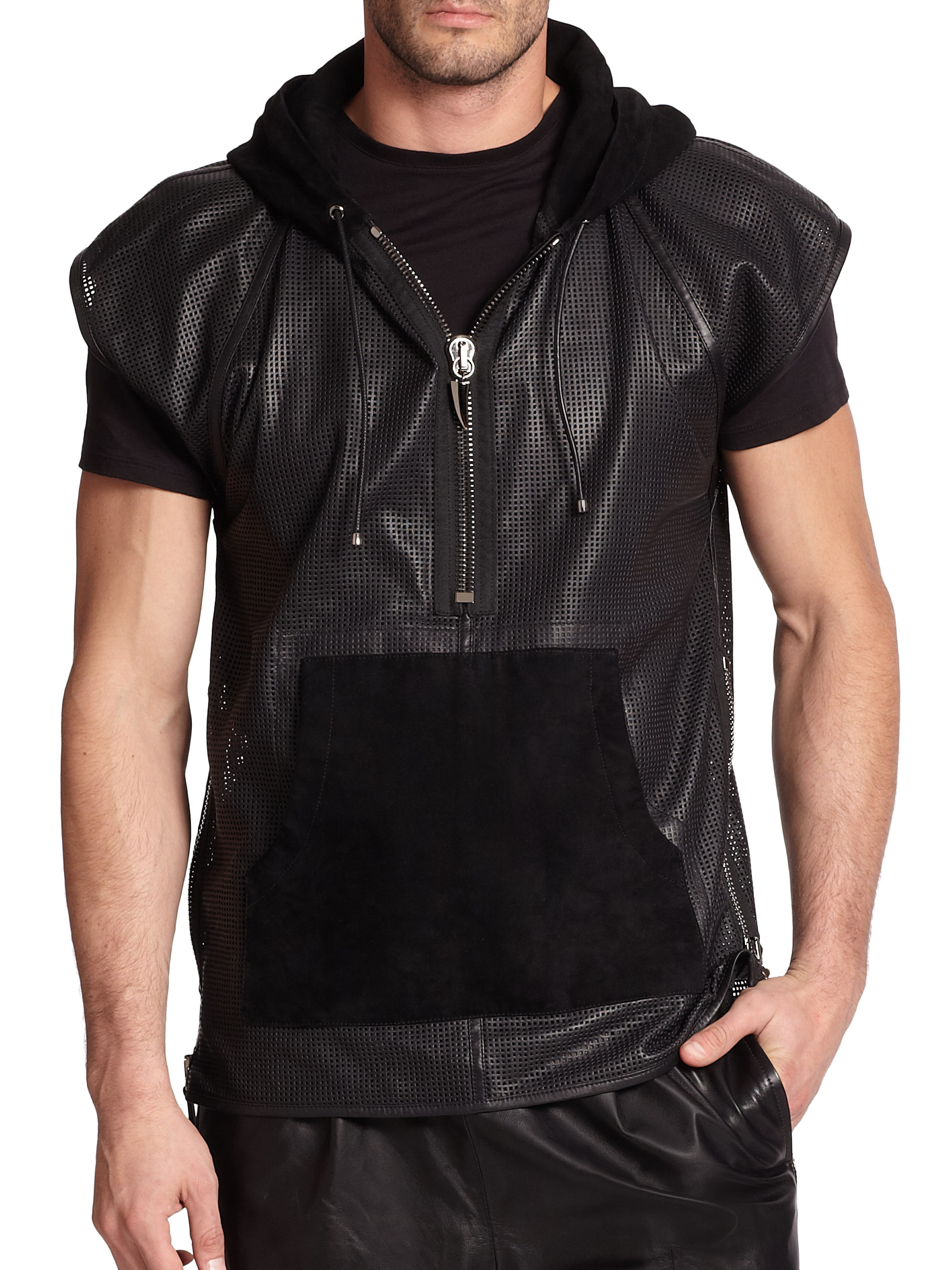 Giuseppe zanotti Perforated Short-sleeve Leather Hoodie in Black for ...