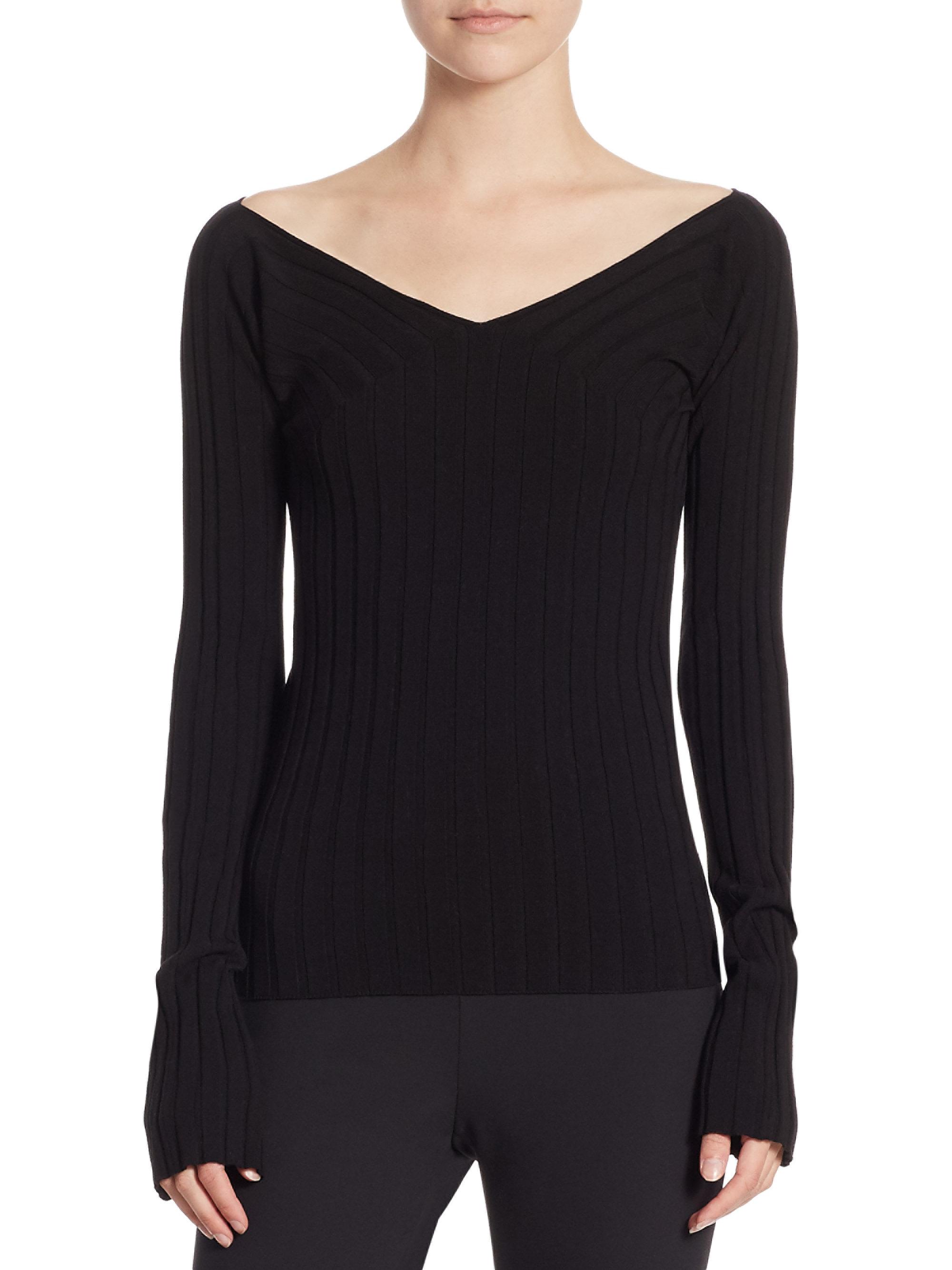 Theory Wide V-neck Ribbed Top in Black - Lyst