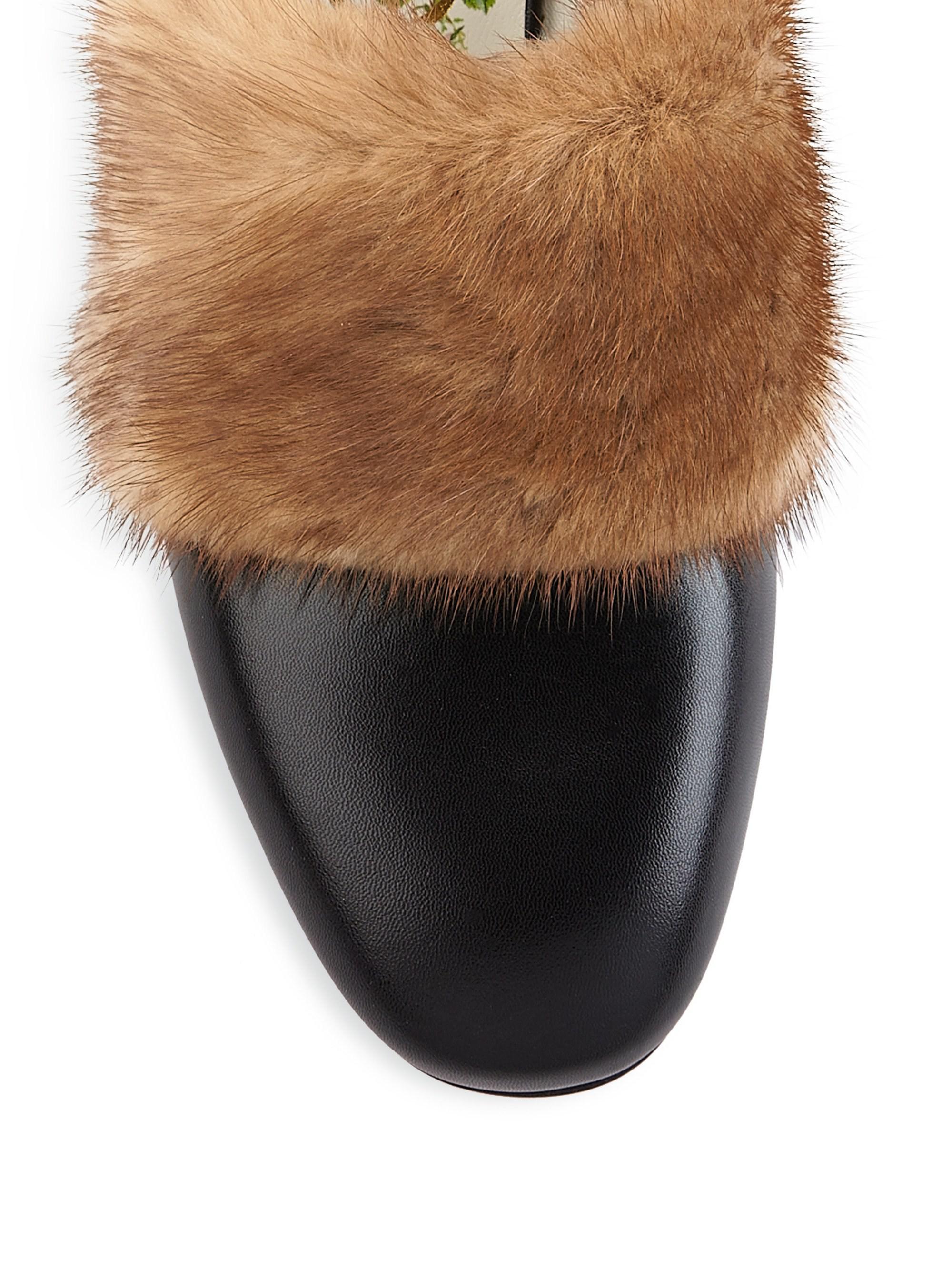 Gucci Leather Slide With Mink Fur in Black - Lyst