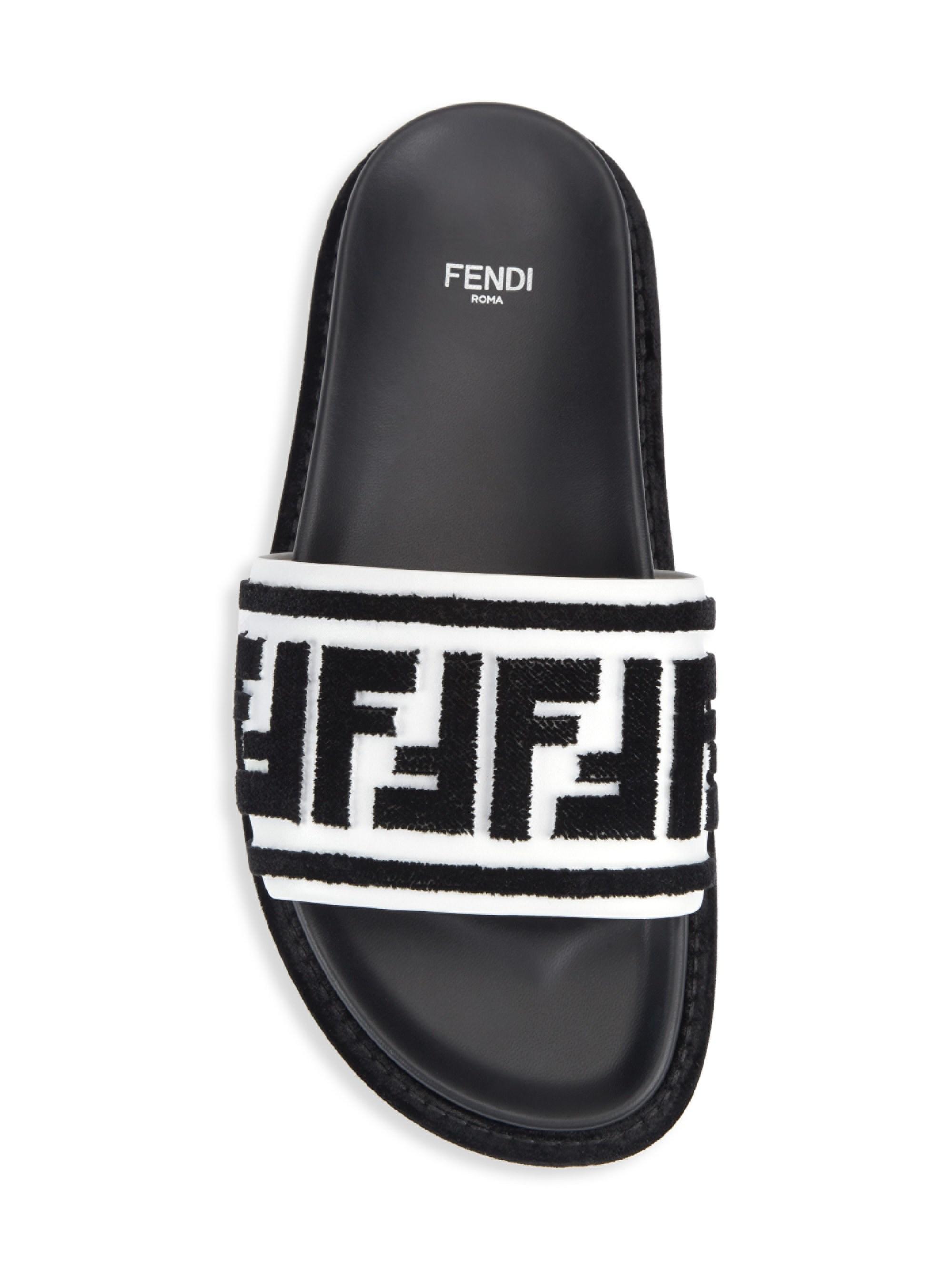 Fendi Fur Women's Logo Pool Slides in Black/ White (Black) - Lyst
