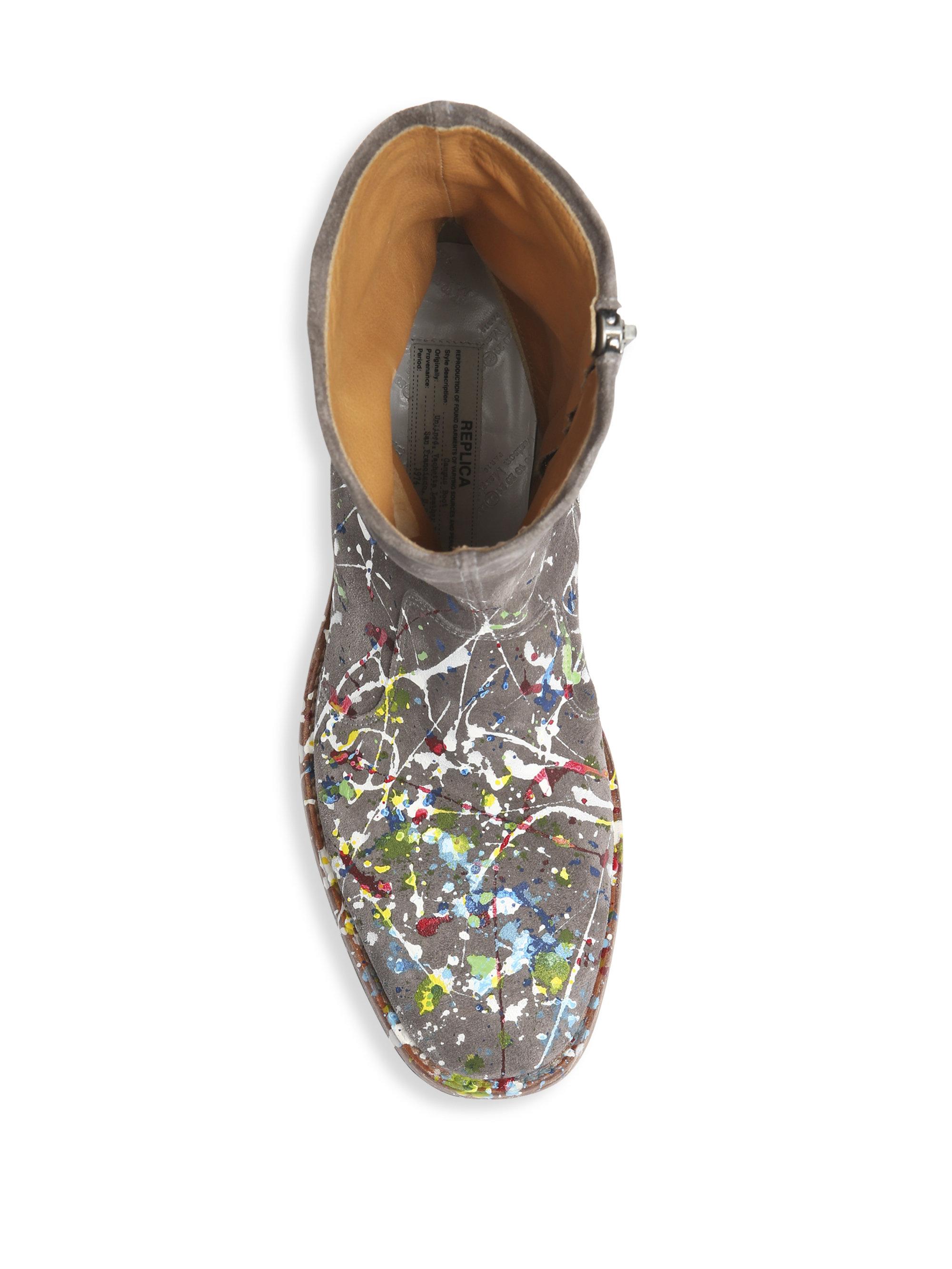 Maison Margiela Paint Splatter Suede Boots in Gray | Lyst