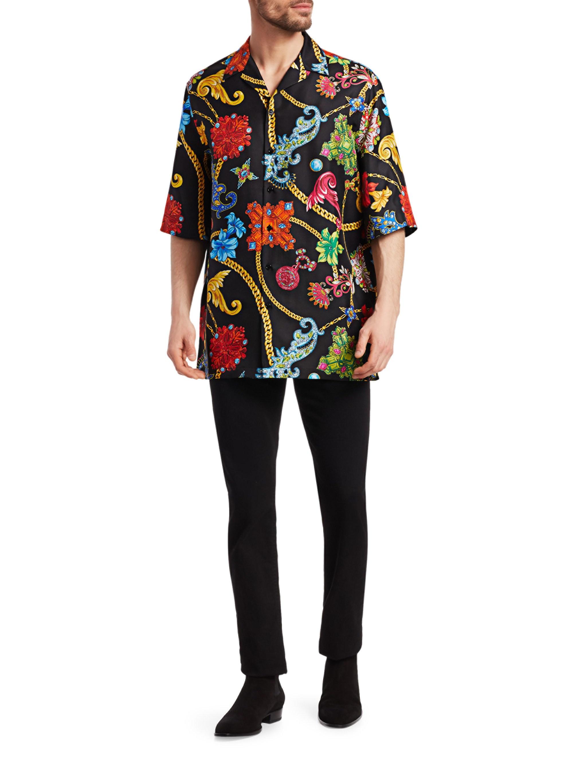 Versace Floral Silk Short-sleeve Shirt in Black for Men | Lyst
