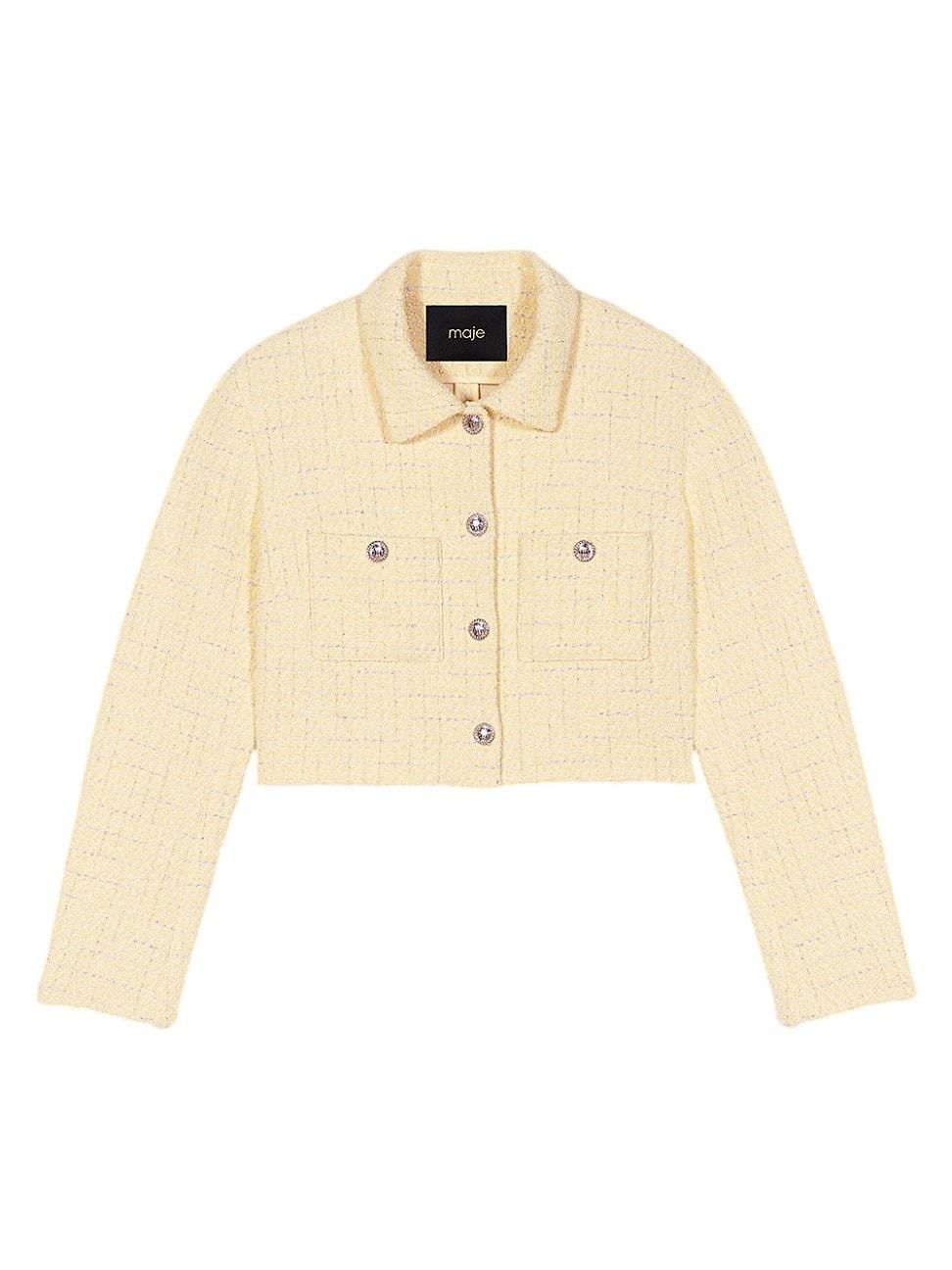 Maje Cropped Tweed Tailored Jacket in Natural Lyst
