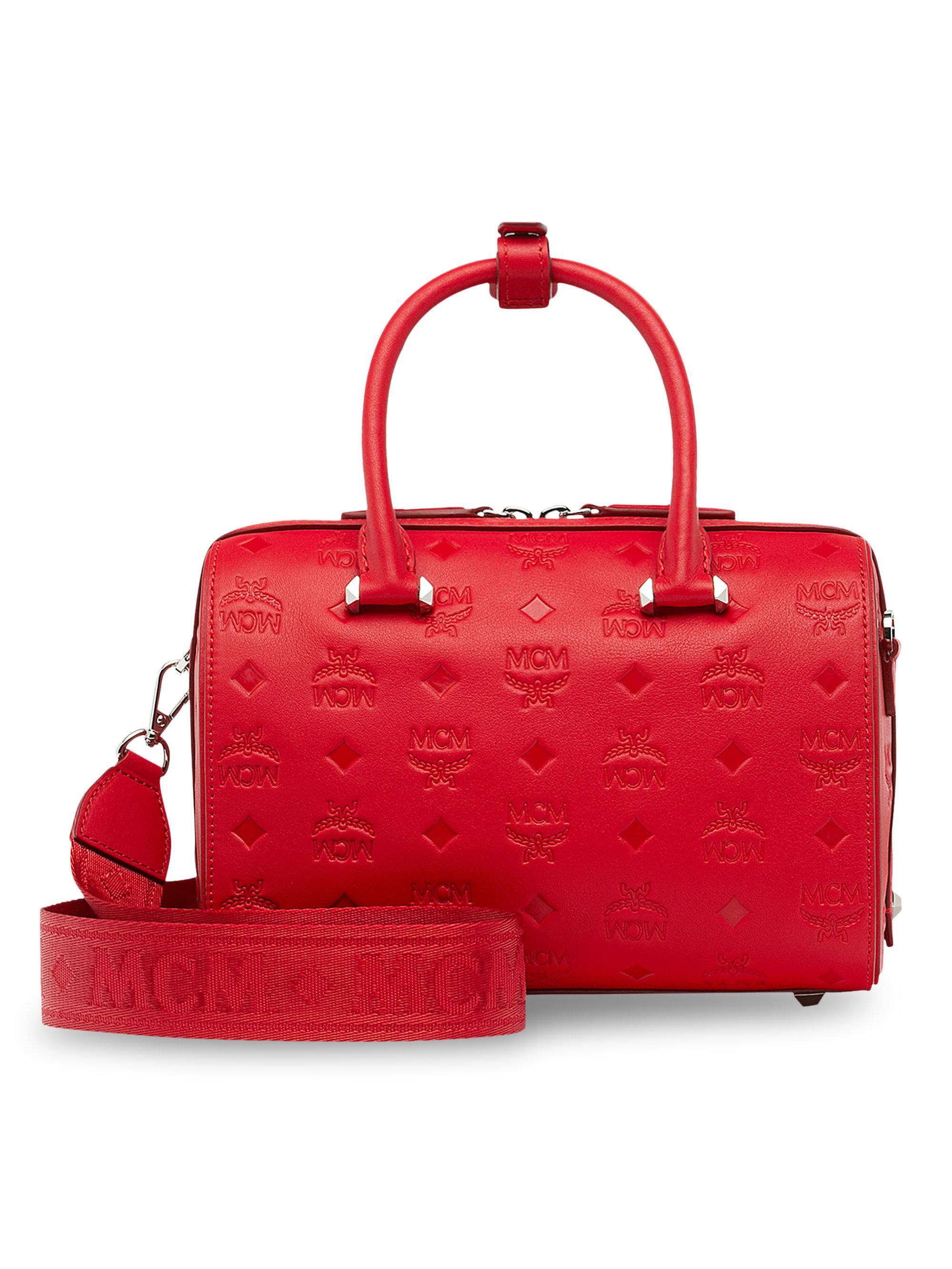 MCM Boston Essential Monogrammed Small Leather Satchel in Red