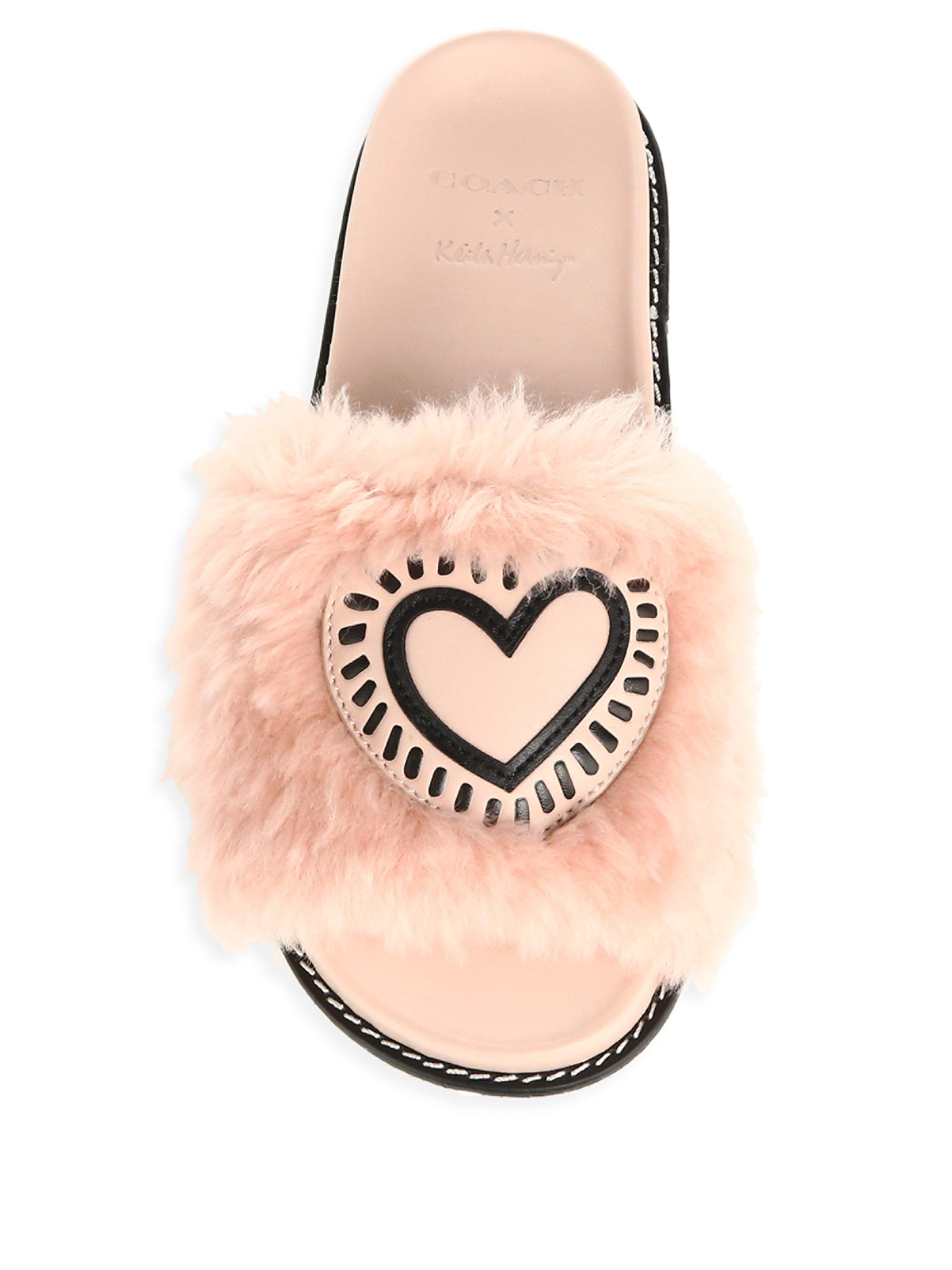 COACH X Keith Haring Fur & Leather Slides in Pink