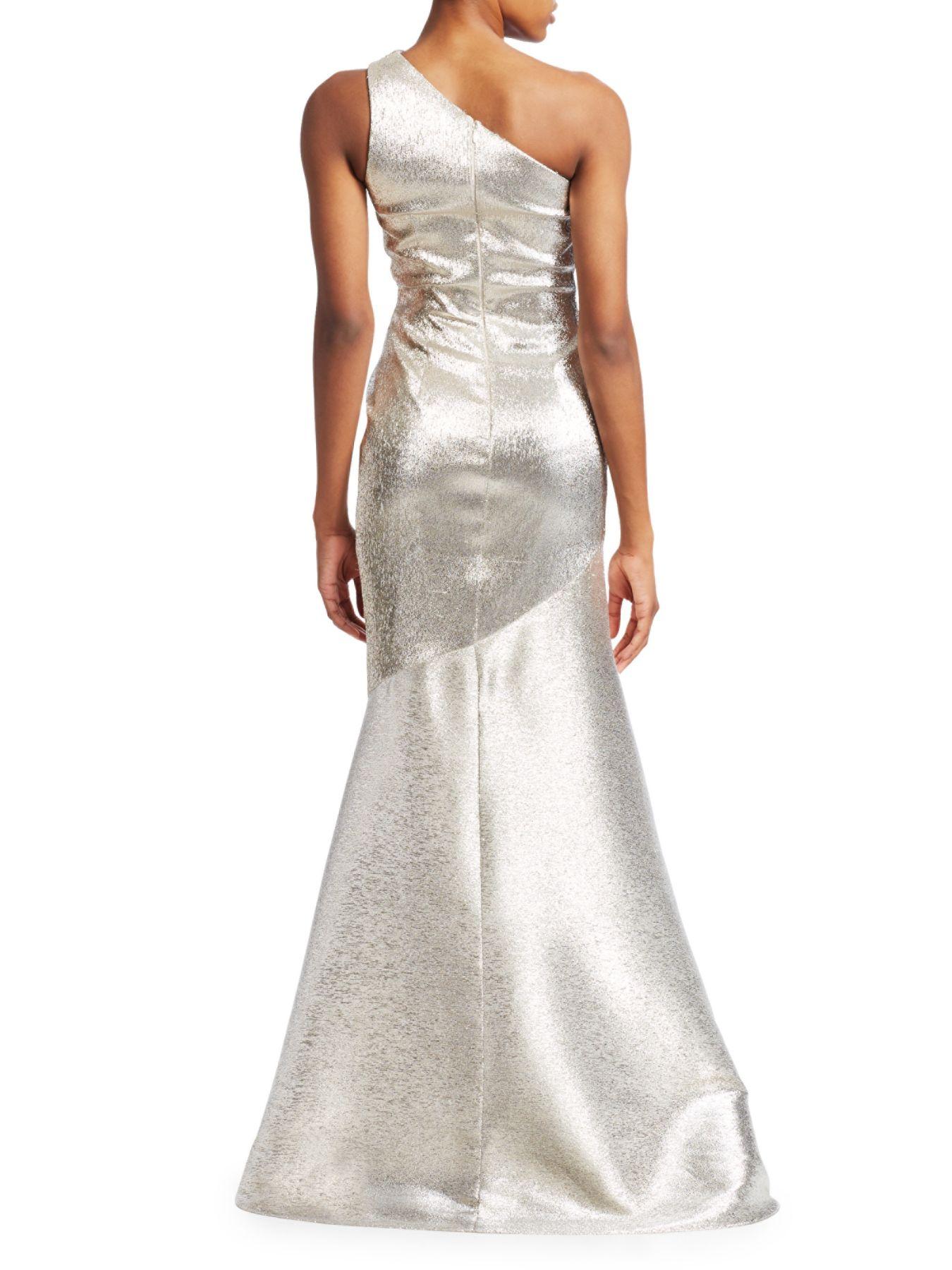 theia one shoulder metallic gown