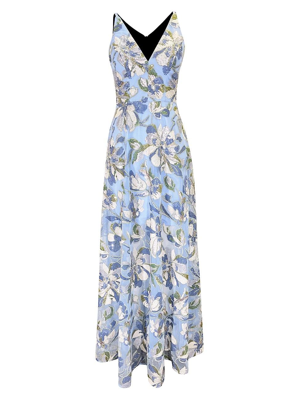Dress the Population Ariyah Floral Sequin Flared Gown in Blue | Lyst