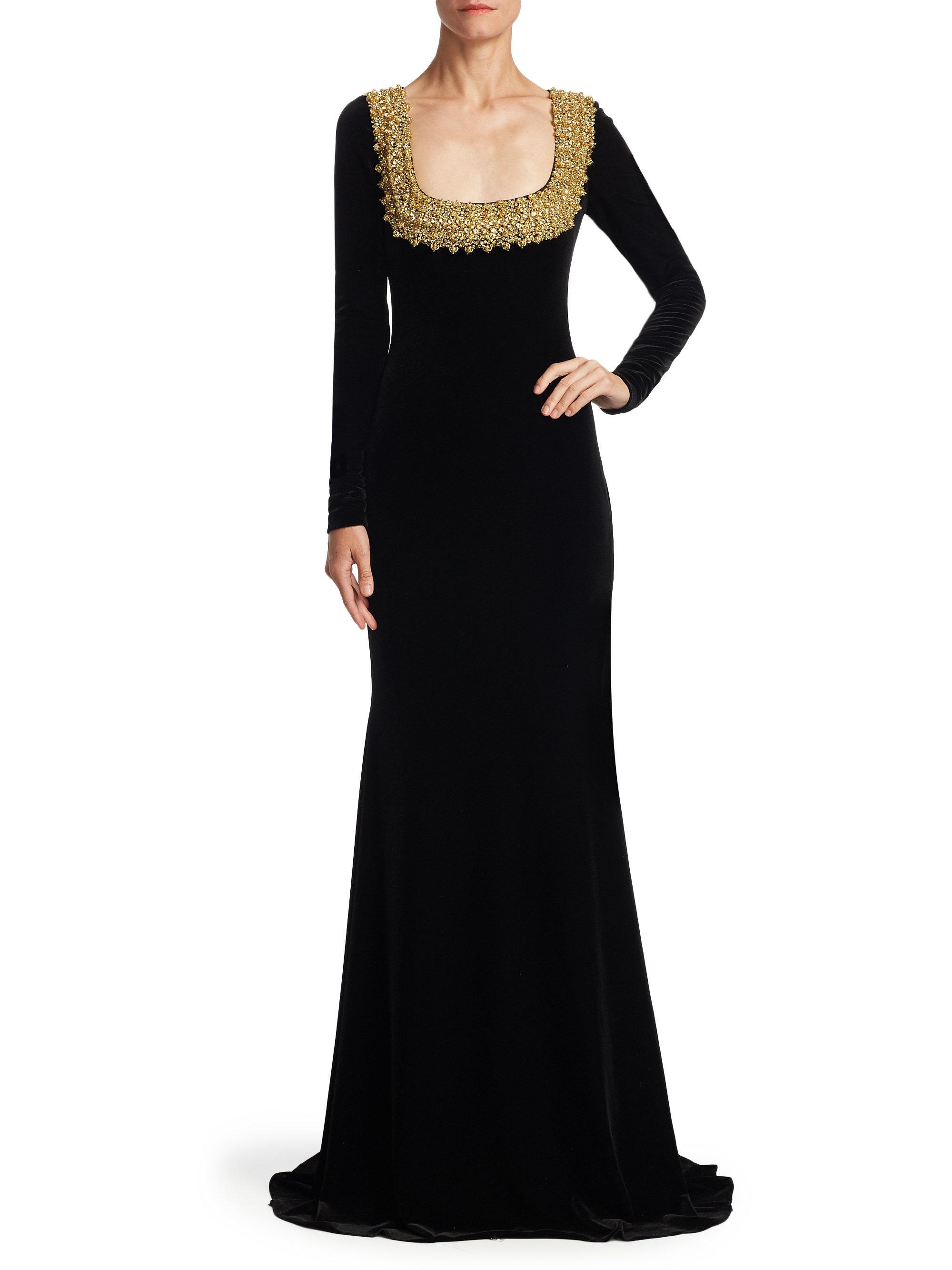 Badgley Mischka Long Sleeve Velvet Floor-length Gown in Black Gold (Black) - Lyst