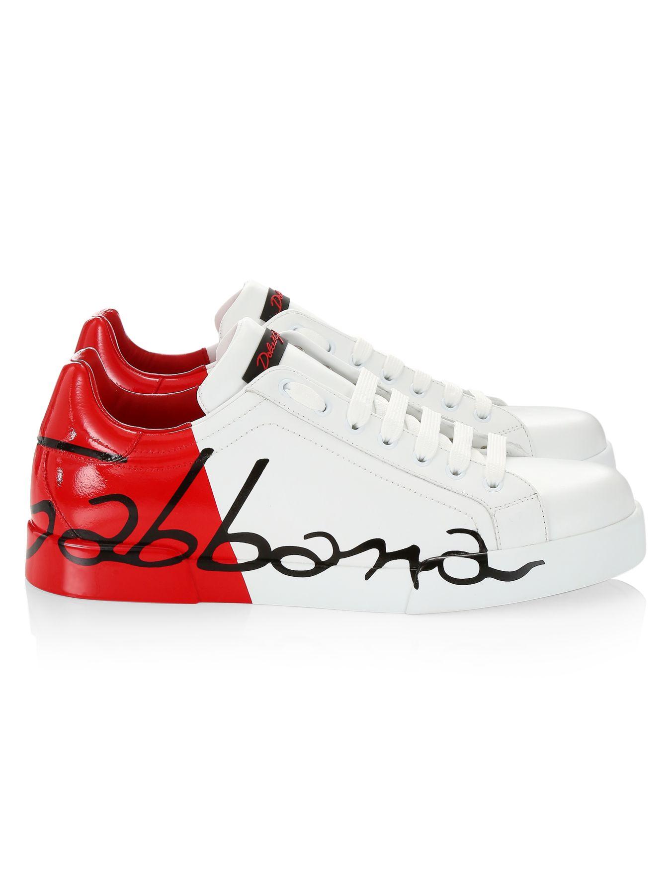Dolce & Gabbana Portofino Script Leather Sneakers in White Red (Red ...