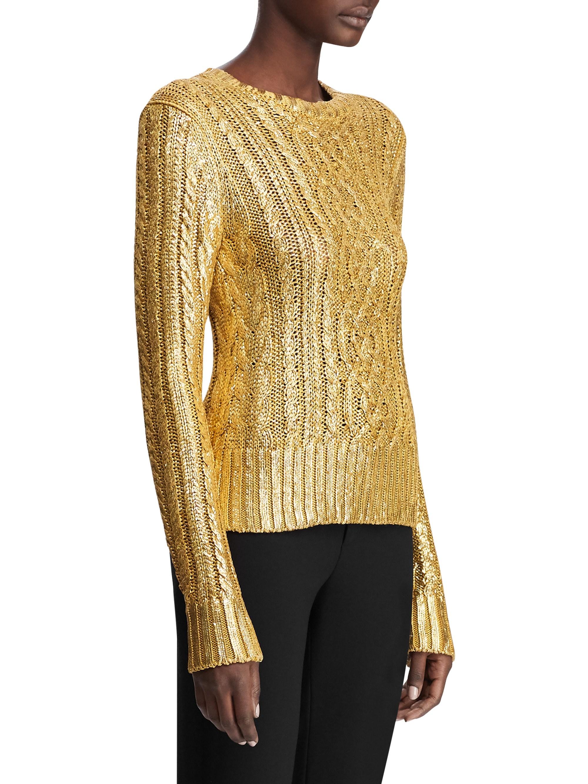 Ralph Lauren Collection Gold Foil Cable Knit Sweater In