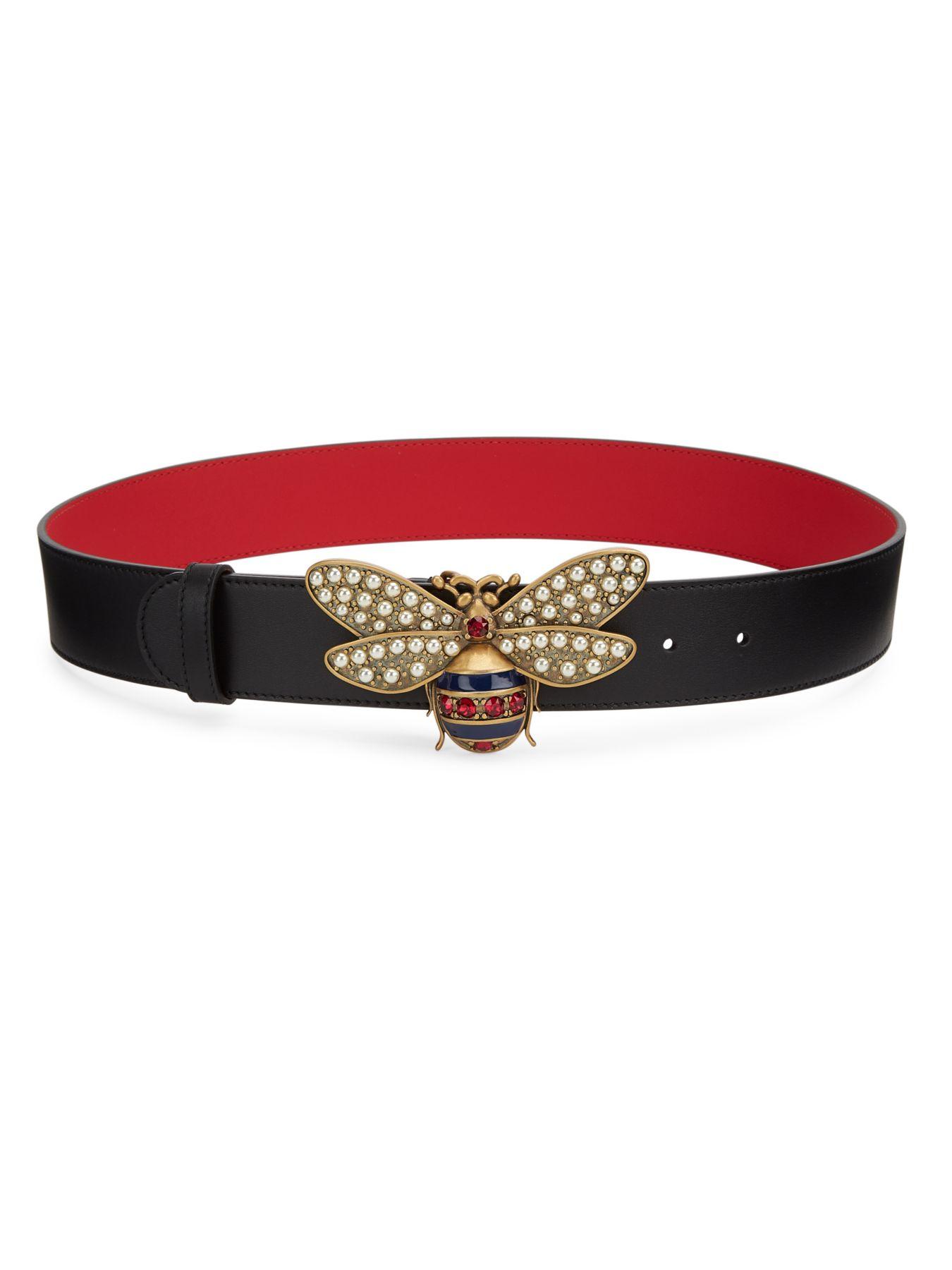 Gucci Glass Pearl & Crystal Bee Buckle Belt in Black | Lyst