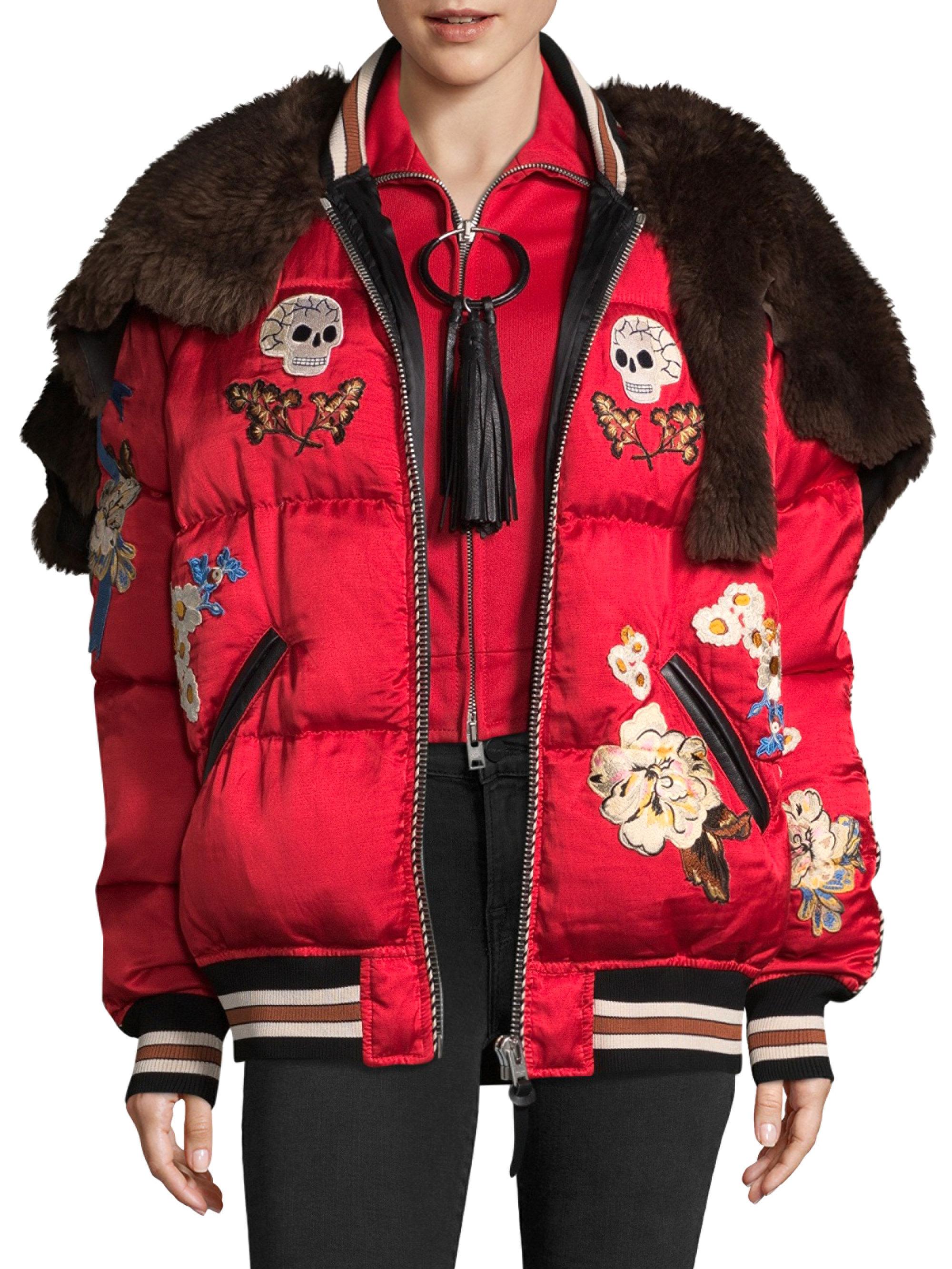 COACH Cotton 1941 Wolf Souvenir Patched Puffer Jacket in Scarlet (Red