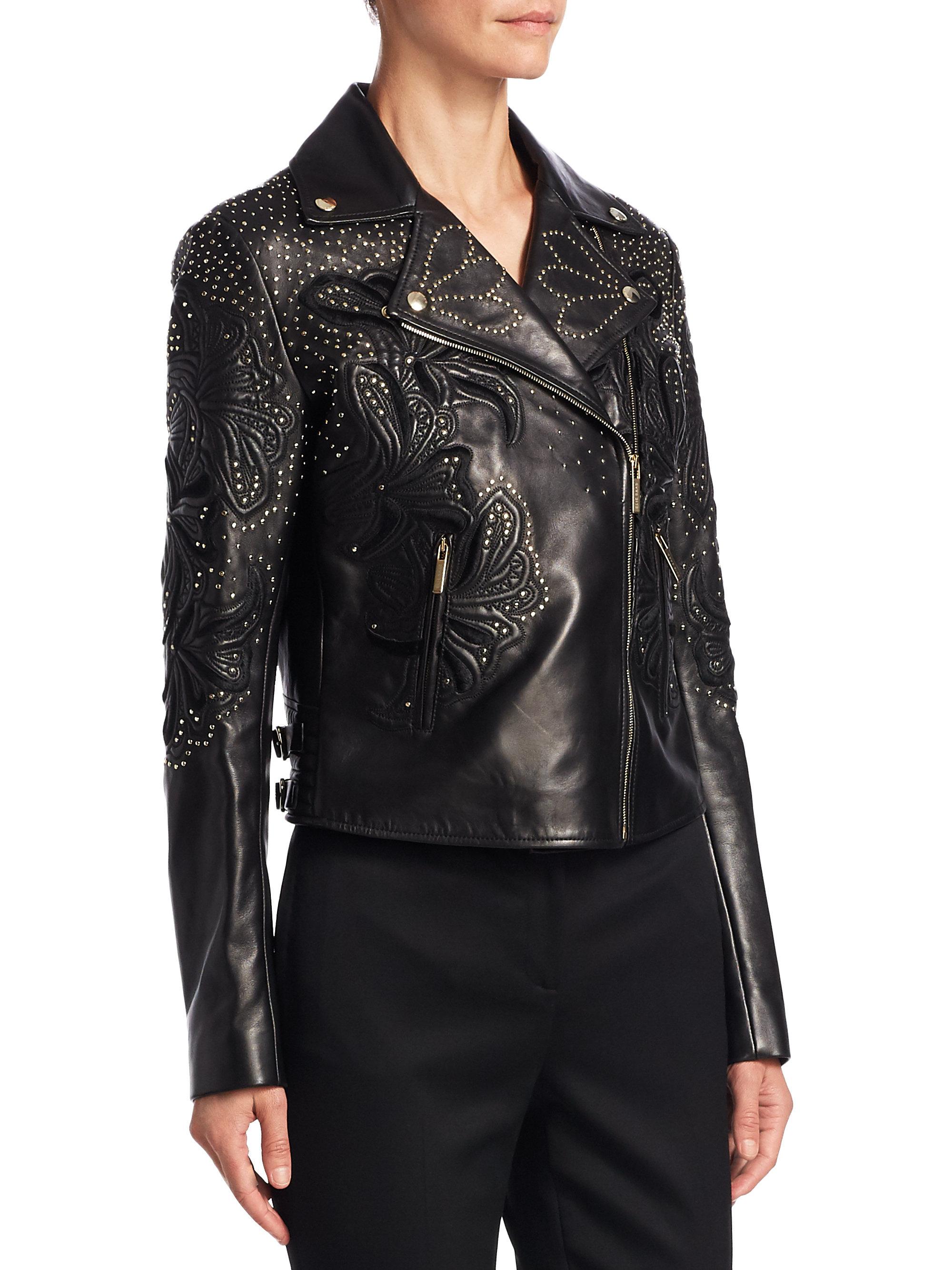 Elie Saab Stud & Embroidered Leather Jacket in Black - Lyst